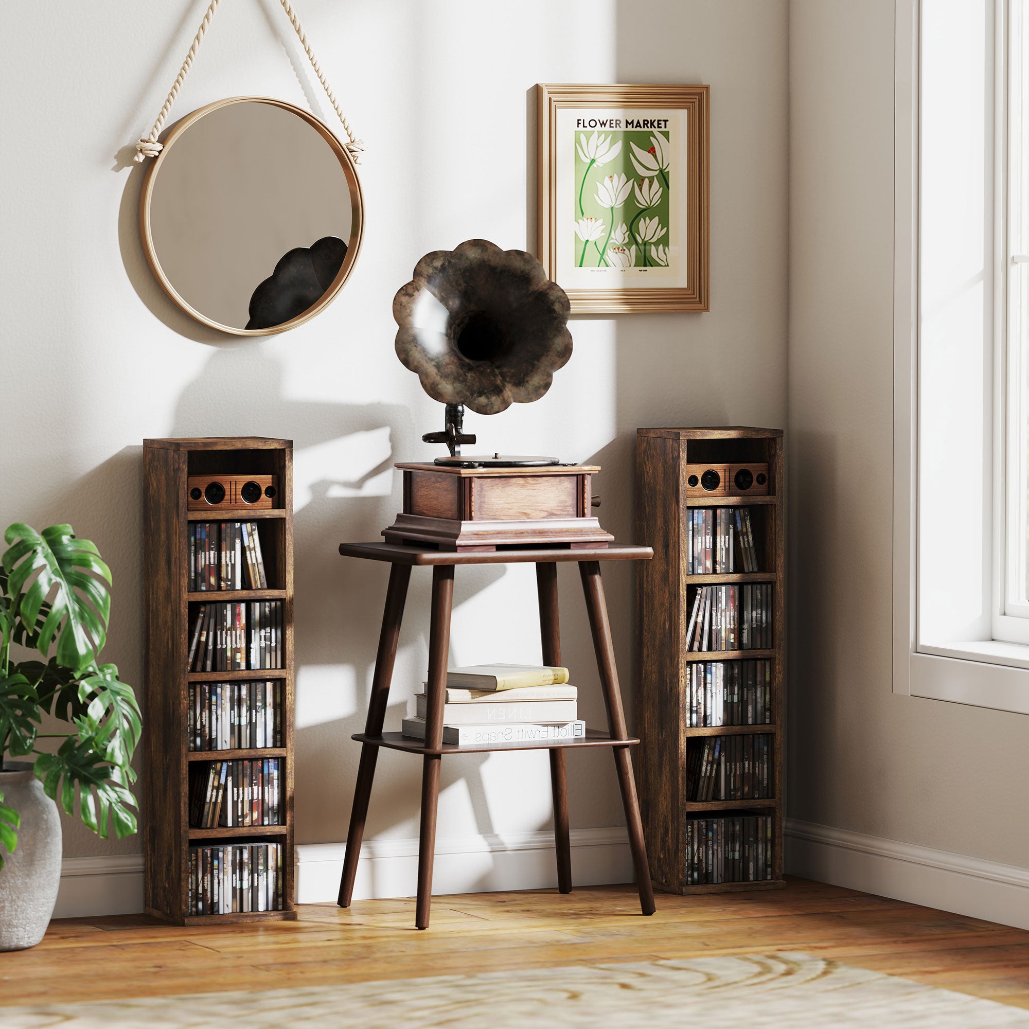 Lot de 2 étagères colonnes armoire de rangement CD-DVD 6 + 6 compartiments 21 x 22,5 x 88,5 cm capacité max. 204 CD brun rustique