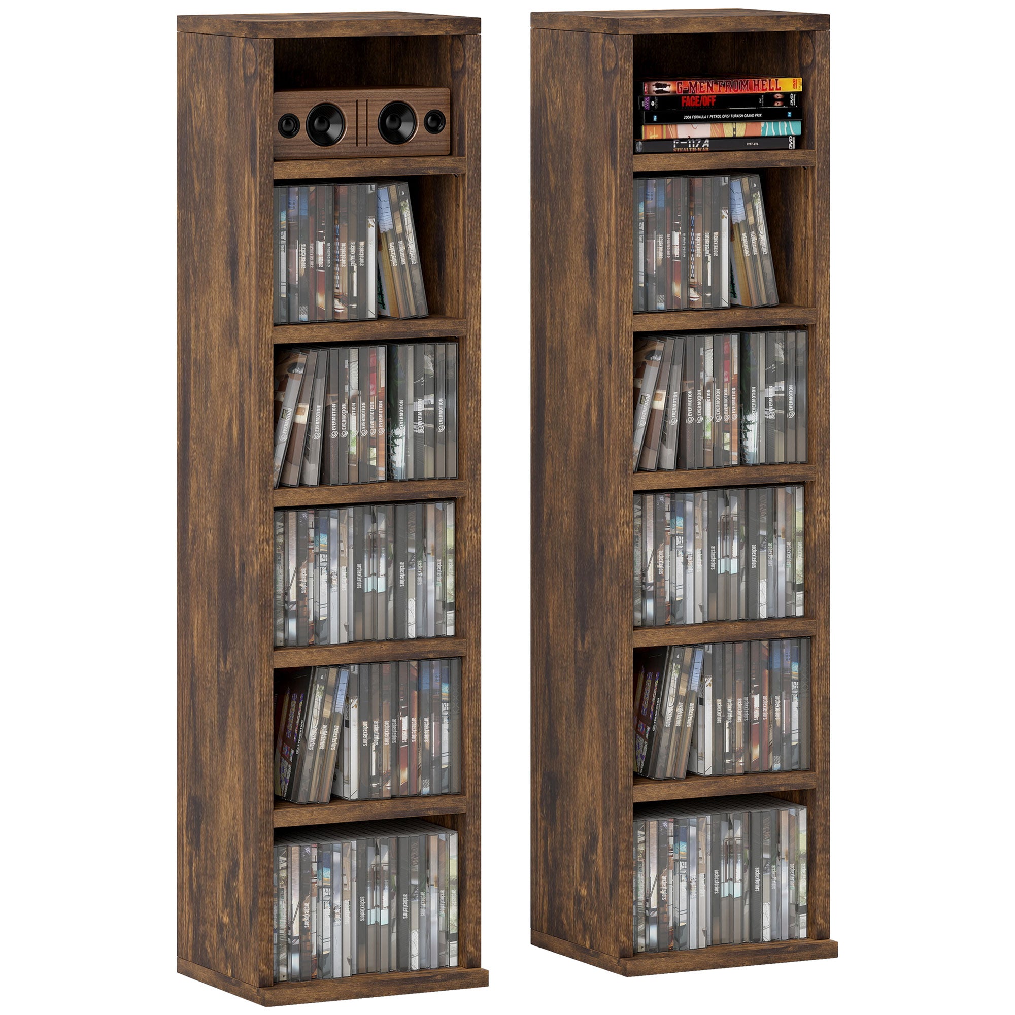 Lot de 2 étagères colonnes armoire de rangement CD-DVD 6 + 6 compartiments 21 x 22,5 x 88,5 cm capacité max. 204 CD brun rustique