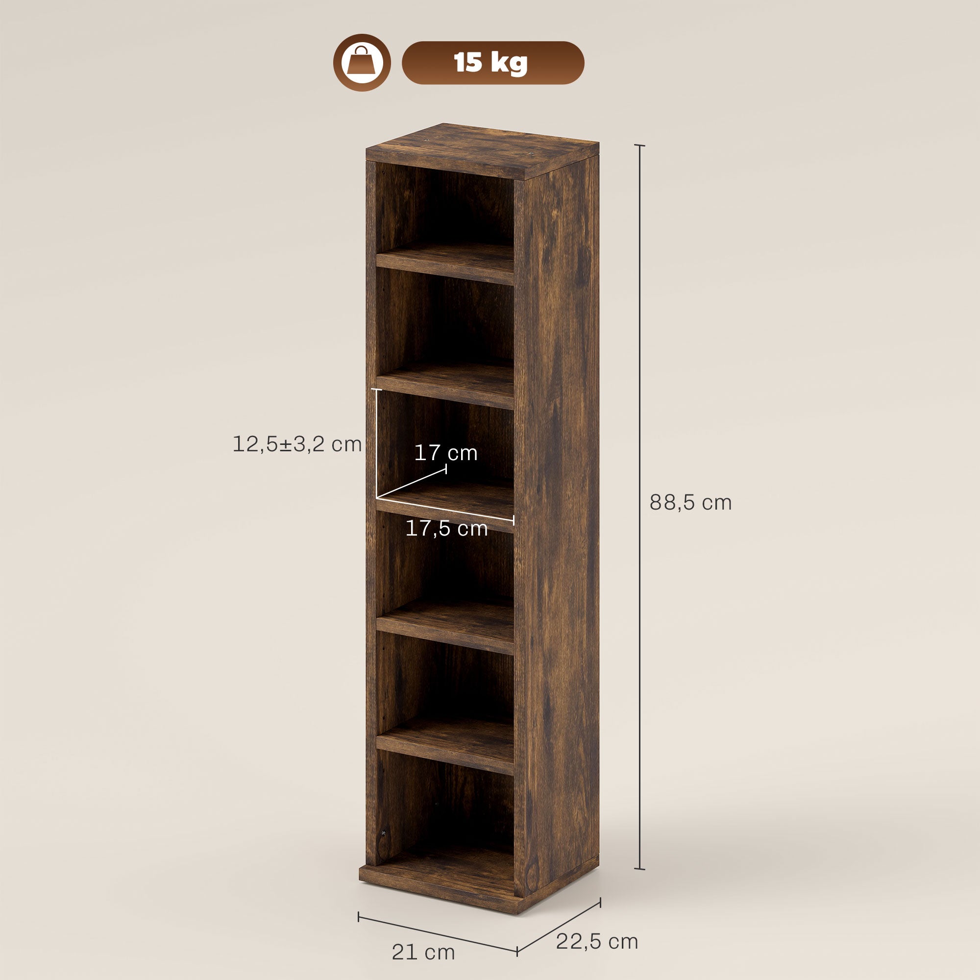 Lot de 2 étagères colonnes armoire de rangement CD-DVD 6 + 6 compartiments 21 x 22,5 x 88,5 cm capacité max. 204 CD brun rustique