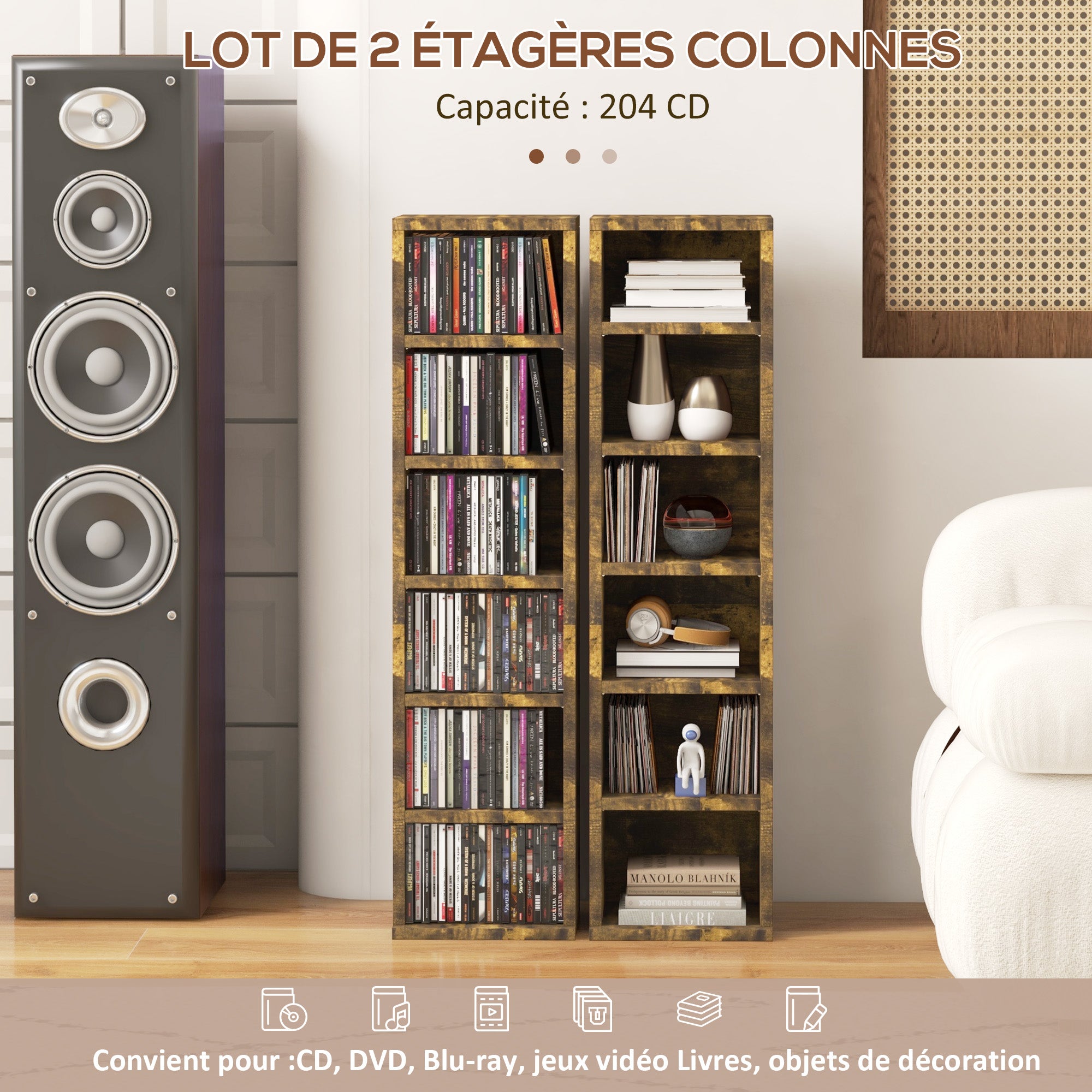 Lot de 2 étagères colonnes armoire de rangement CD-DVD 6 + 6 compartiments 21 x 22,5 x 88,5 cm capacité max. 204 CD brun rustique