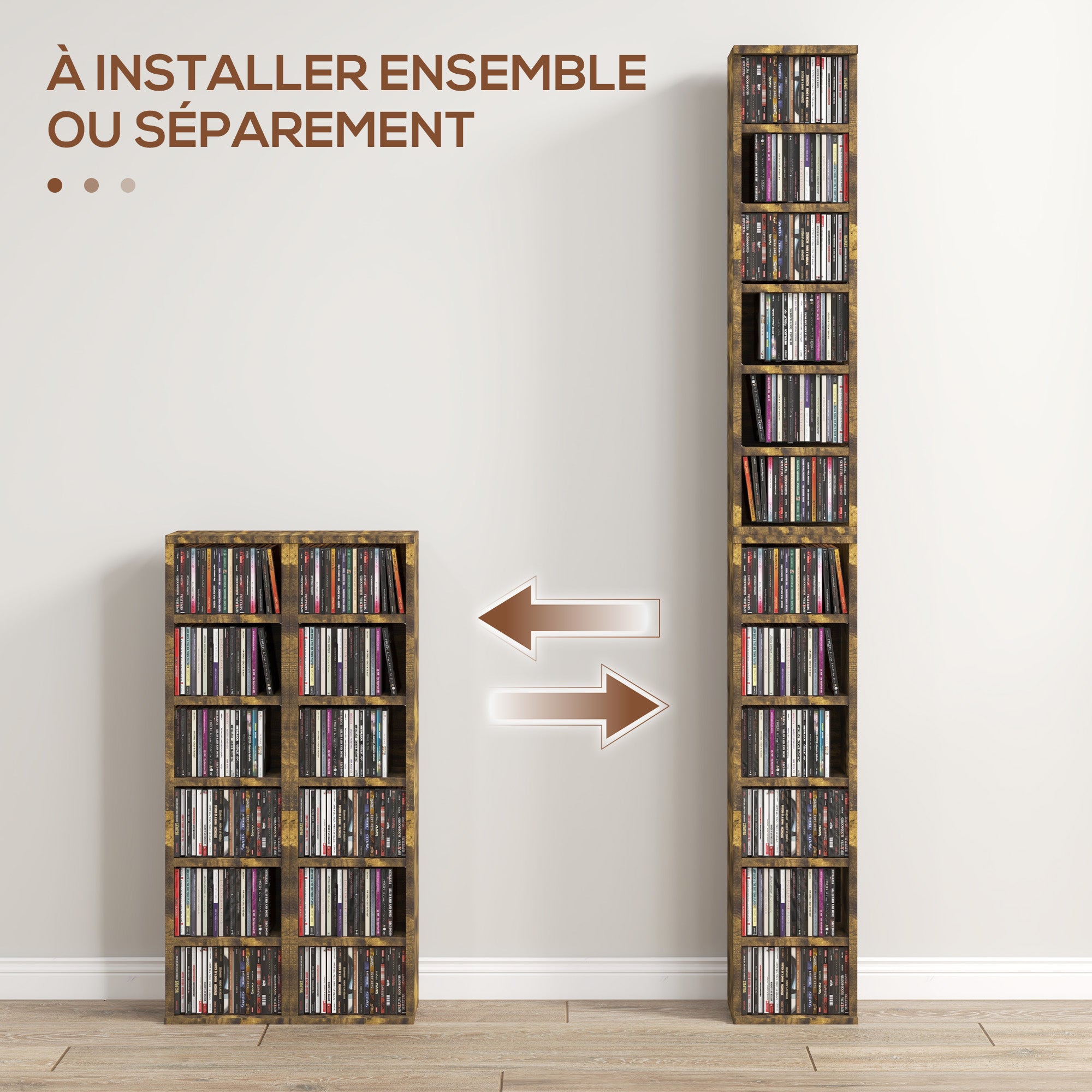 Lot de 2 étagères colonnes armoire de rangement CD-DVD 6 + 6 compartiments 21 x 22,5 x 88,5 cm capacité max. 204 CD brun rustique
