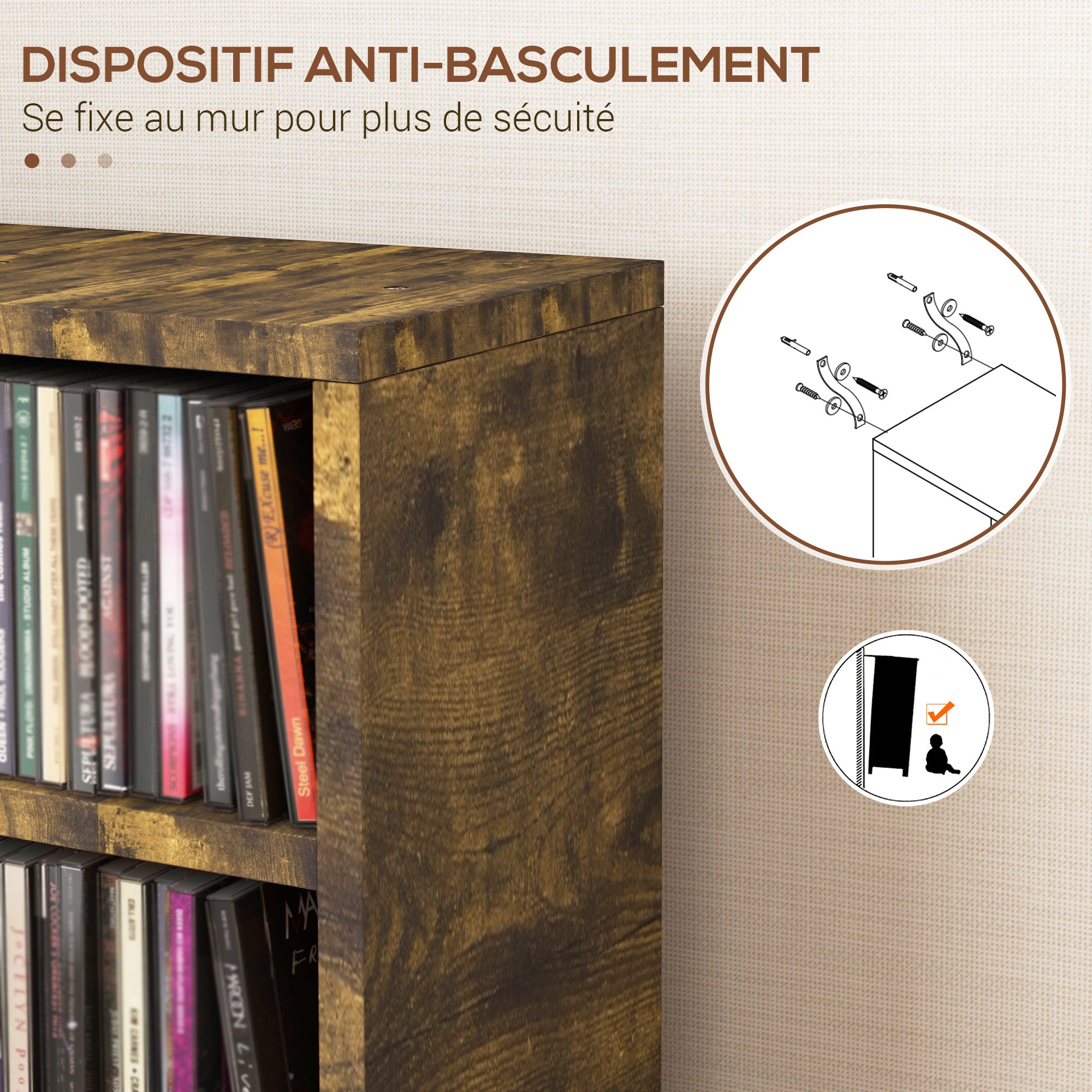 Lot de 2 étagères colonnes armoire de rangement CD-DVD 6 + 6 compartiments 21 x 22,5 x 88,5 cm capacité max. 204 CD brun rustique