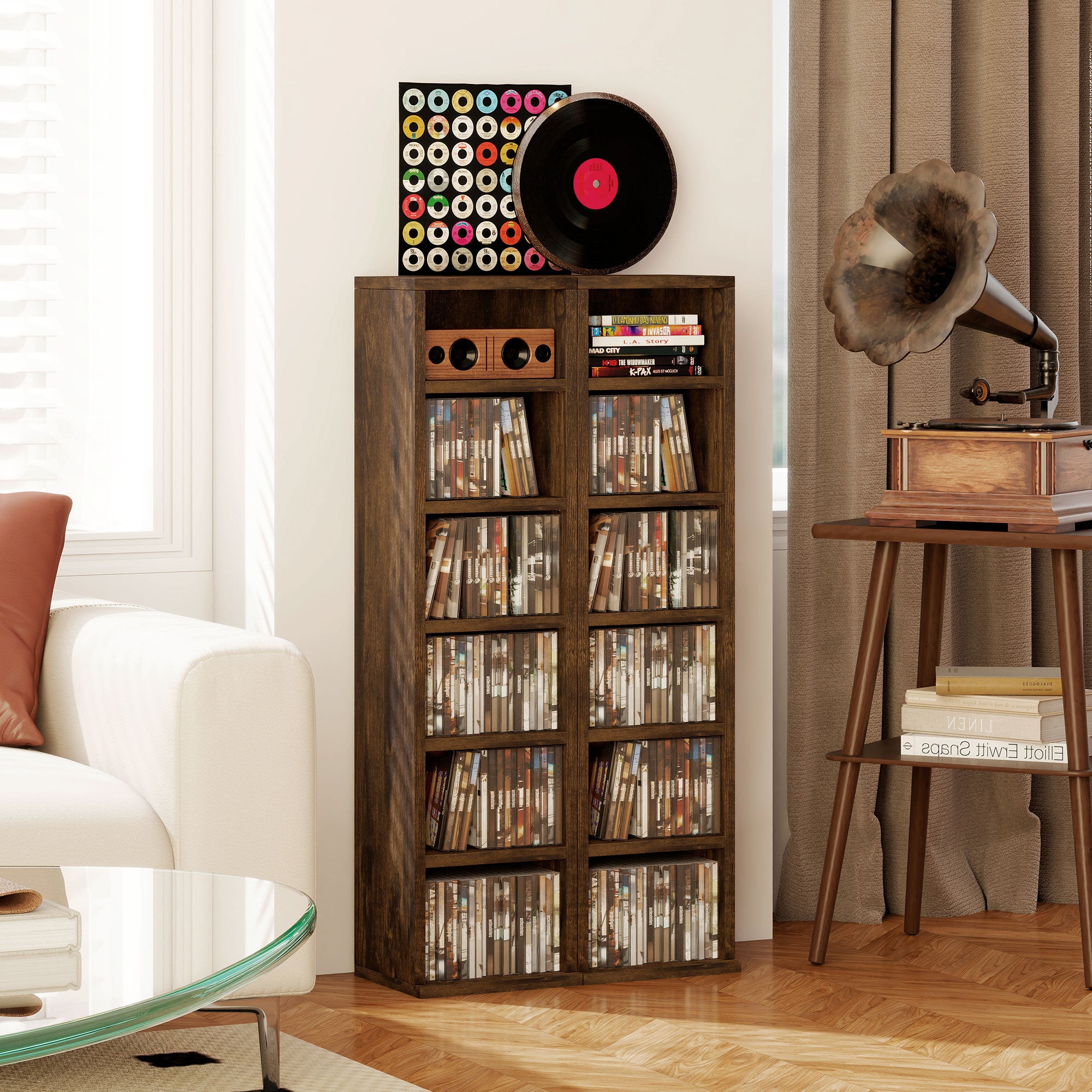 Lot de 2 étagères colonnes armoire de rangement CD-DVD 6 + 6 compartiments 21 x 22,5 x 88,5 cm capacité max. 204 CD brun rustique