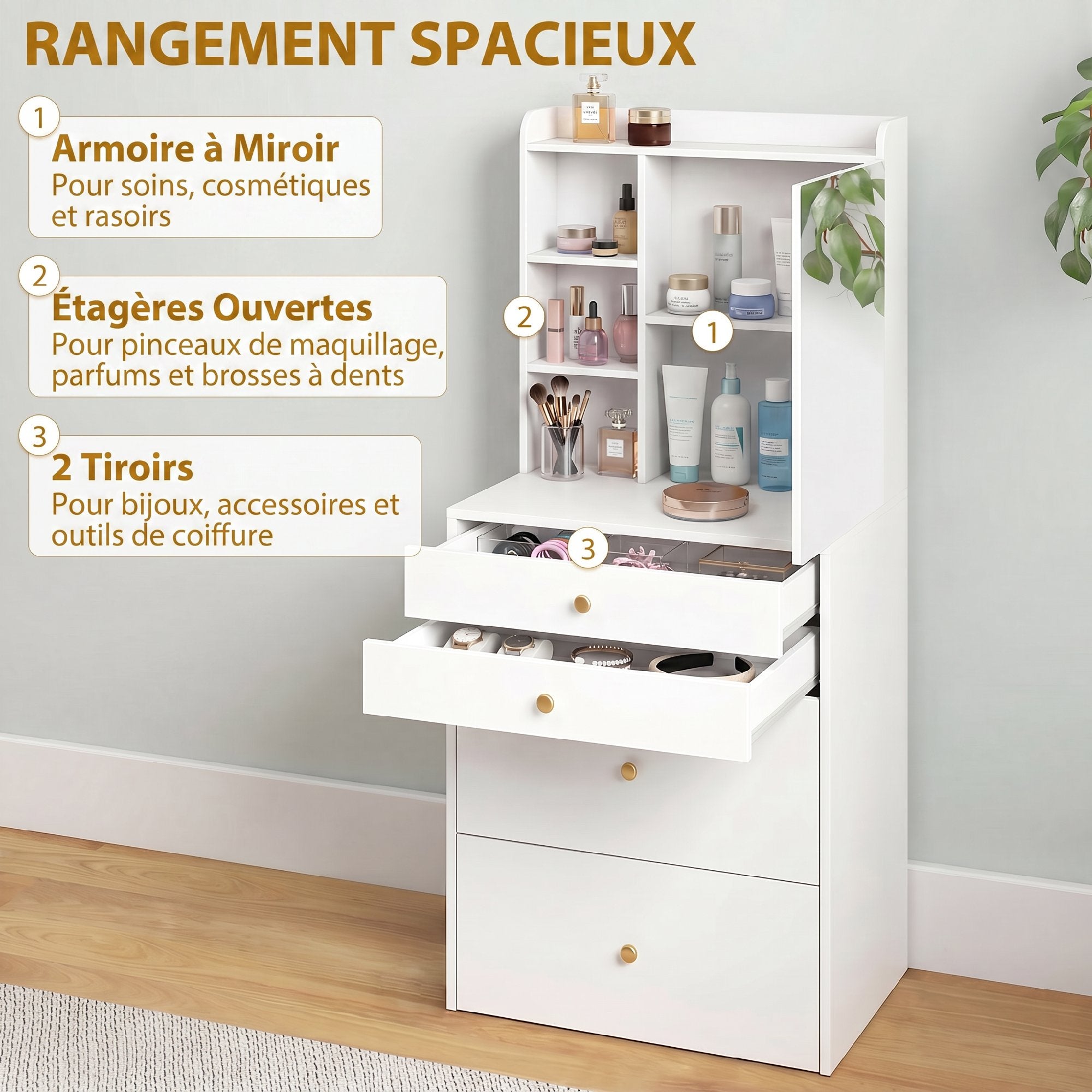 Coiffeuse avec miroir et tabouret de rangement mobile, table de maquillage compacte, tiroirs, placard, compartiments ouverts, étagère réglable, siège rembourré, pour chambre à coucher, blanc