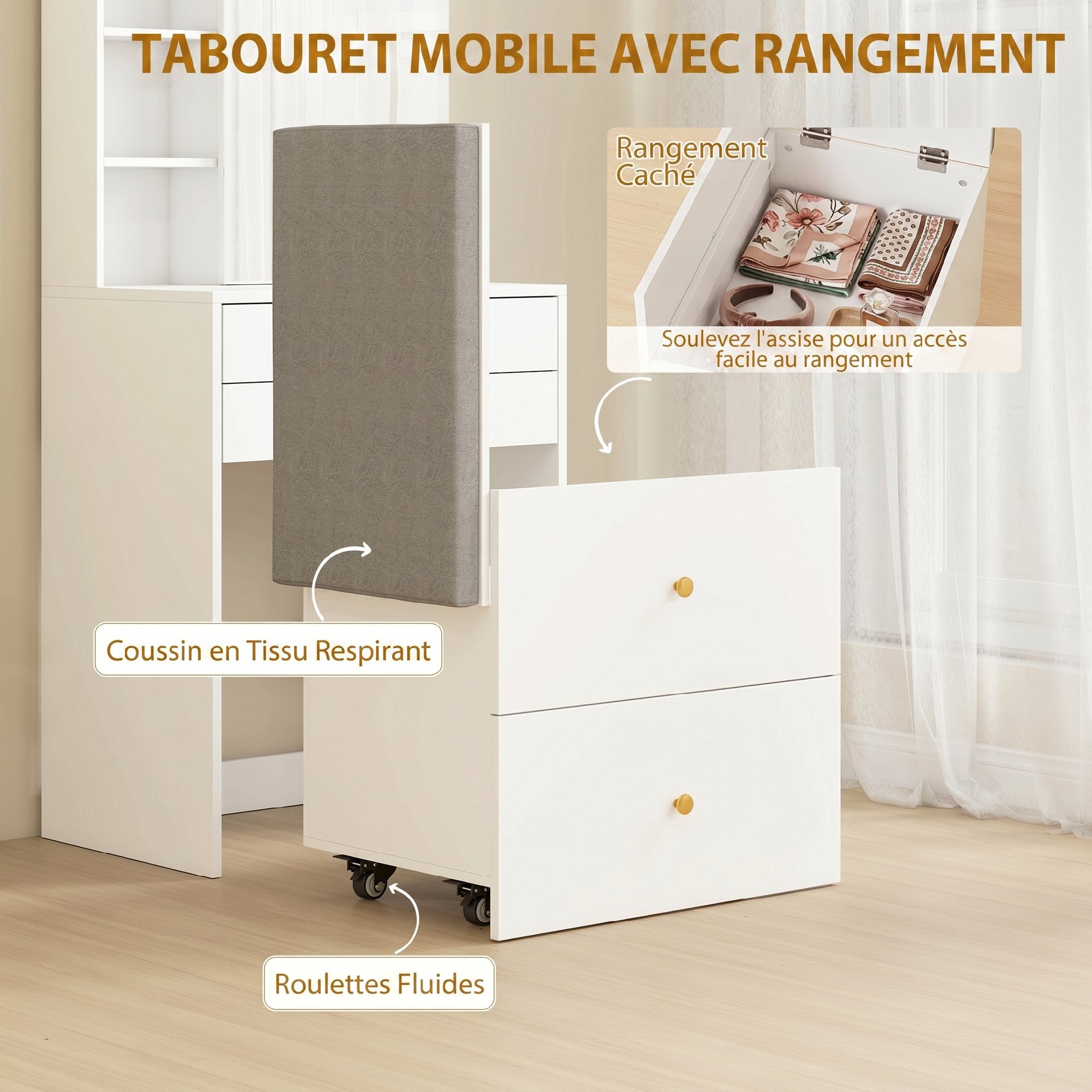 Coiffeuse avec miroir et tabouret de rangement mobile, table de maquillage compacte, tiroirs, placard, compartiments ouverts, étagère réglable, siège rembourré, pour chambre à coucher, blanc