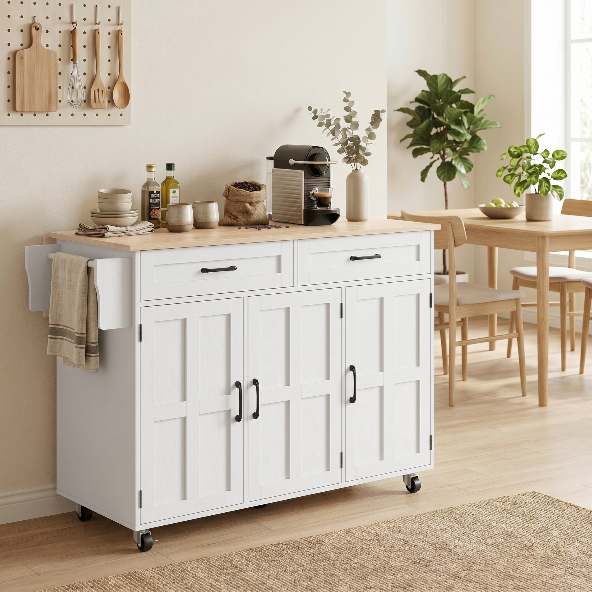 Îlot Central Cuisine avec Plateau Rabattable, Desserte de Cuisine sur Roulettes avec 2 Tiroirs, 3 Portes, Porte-Racks, Porte-Serviettes et Étagère Réglable, 129 x 72 x 90,5 cm, Blanc