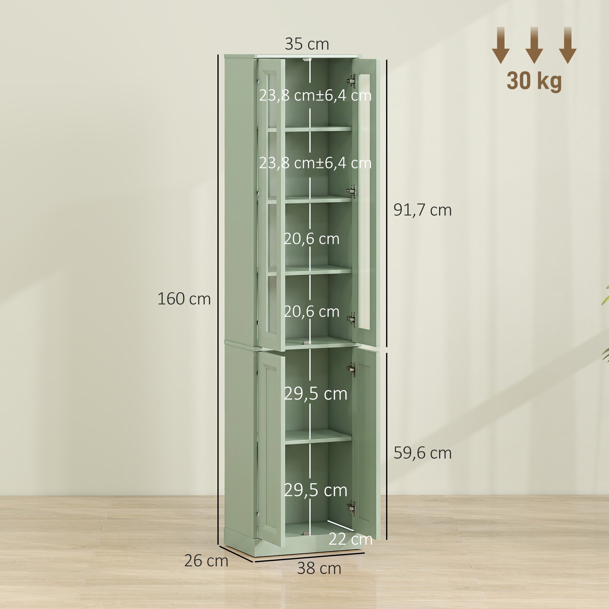 Meuble de Salle de Bain 6 niveaux, Meuble de Rangement, Colonne Salle de Bain, 4 Portes à Fermeture Douce dont 2 Acrylique, Étagères Réglables, pour Salon, Chambre, Buanderie, 38x26x160cm, Vert