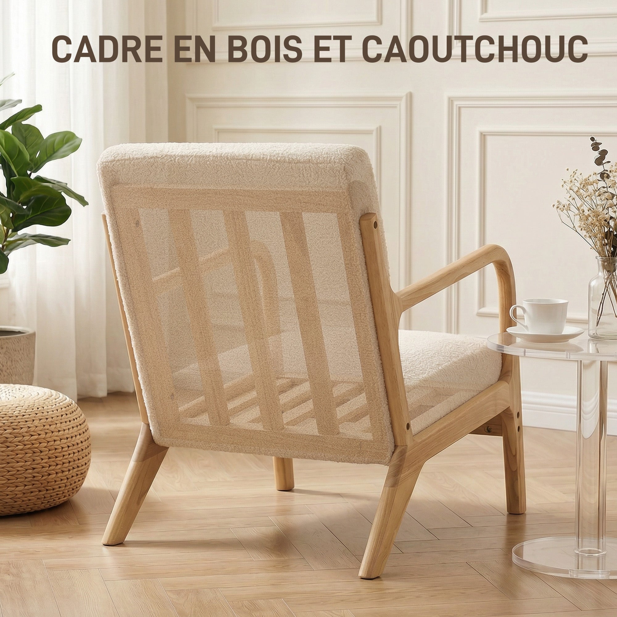 Fauteuil de salon avec cadre en bois massif fauteuil lounge - assise profonde - accoudoirs - aspect velours beige