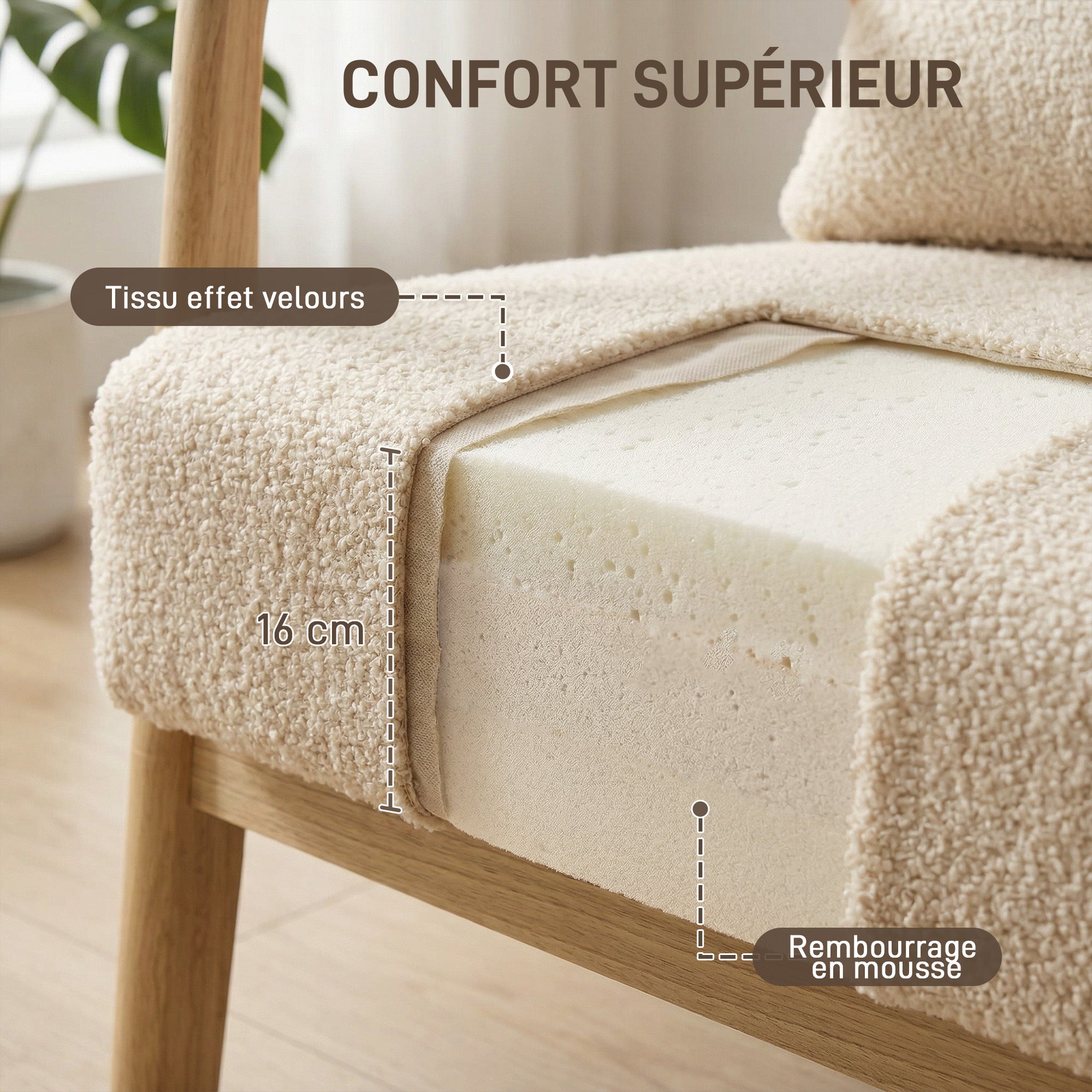 Fauteuil de salon avec cadre en bois massif fauteuil lounge - assise profonde - accoudoirs - aspect velours beige