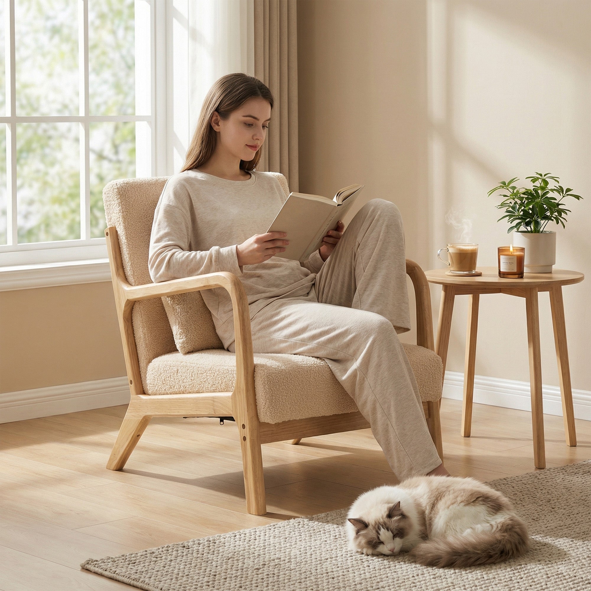 Fauteuil de salon avec cadre en bois massif fauteuil lounge - assise profonde - accoudoirs - aspect velours beige
