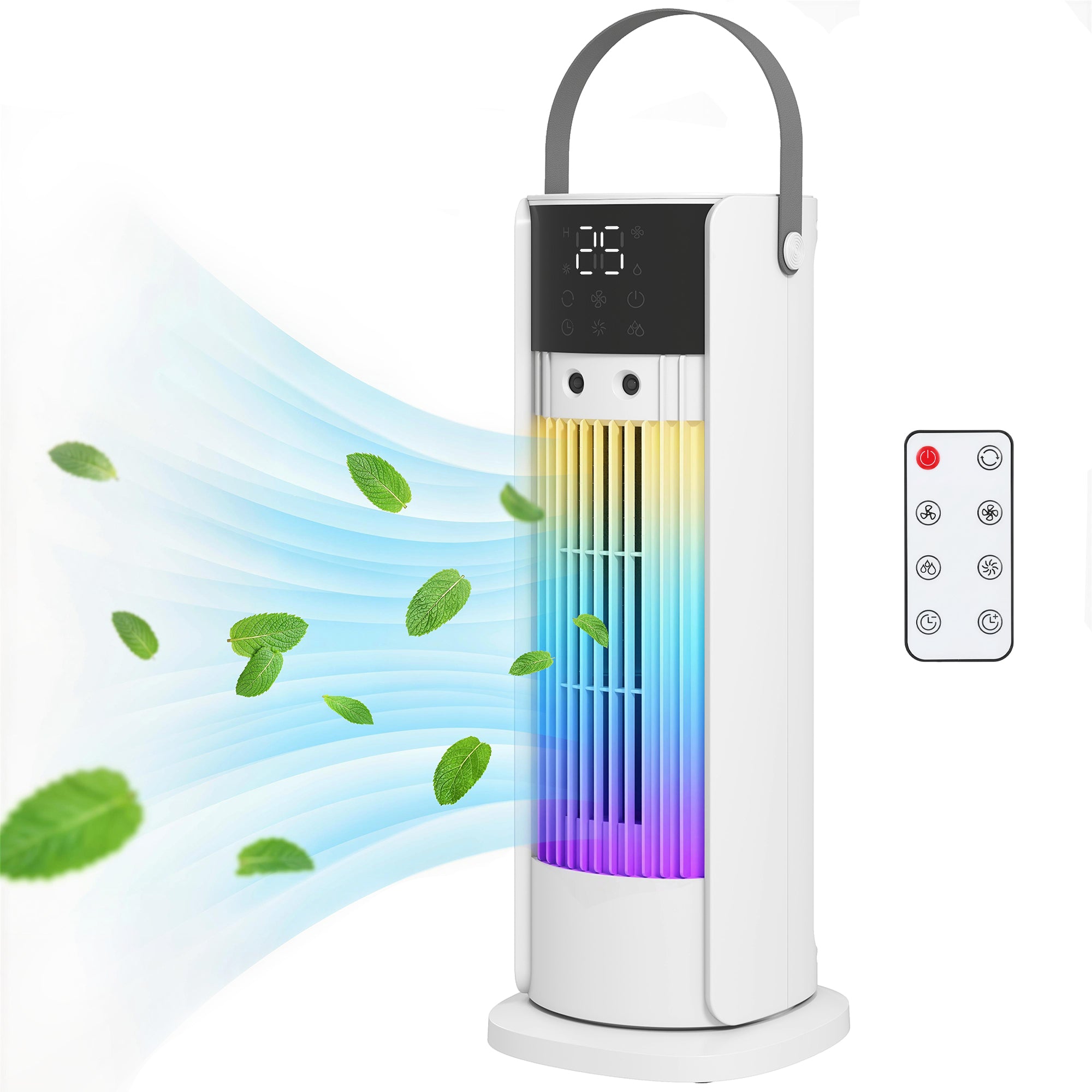 Ventilateur de table colonne avec brumisateur et éclairage RGB, ventilateur de bureau 3 vitesses, oscillation à 90°, minuterie 10 h, pour chambre et bureau, blanc