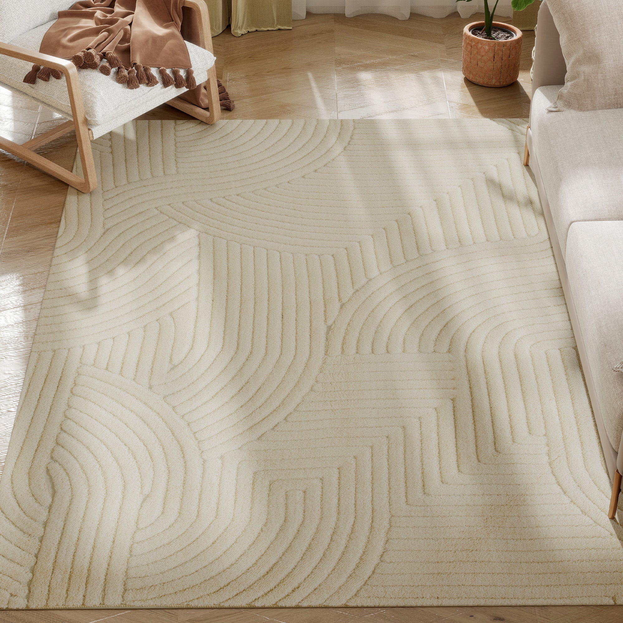 Tapis salon 200 x 140 cm, tapis à poils épais géométrique, moelleux et antidérapant, style moderne, pour salon, chambre à coucher, bureau, crème