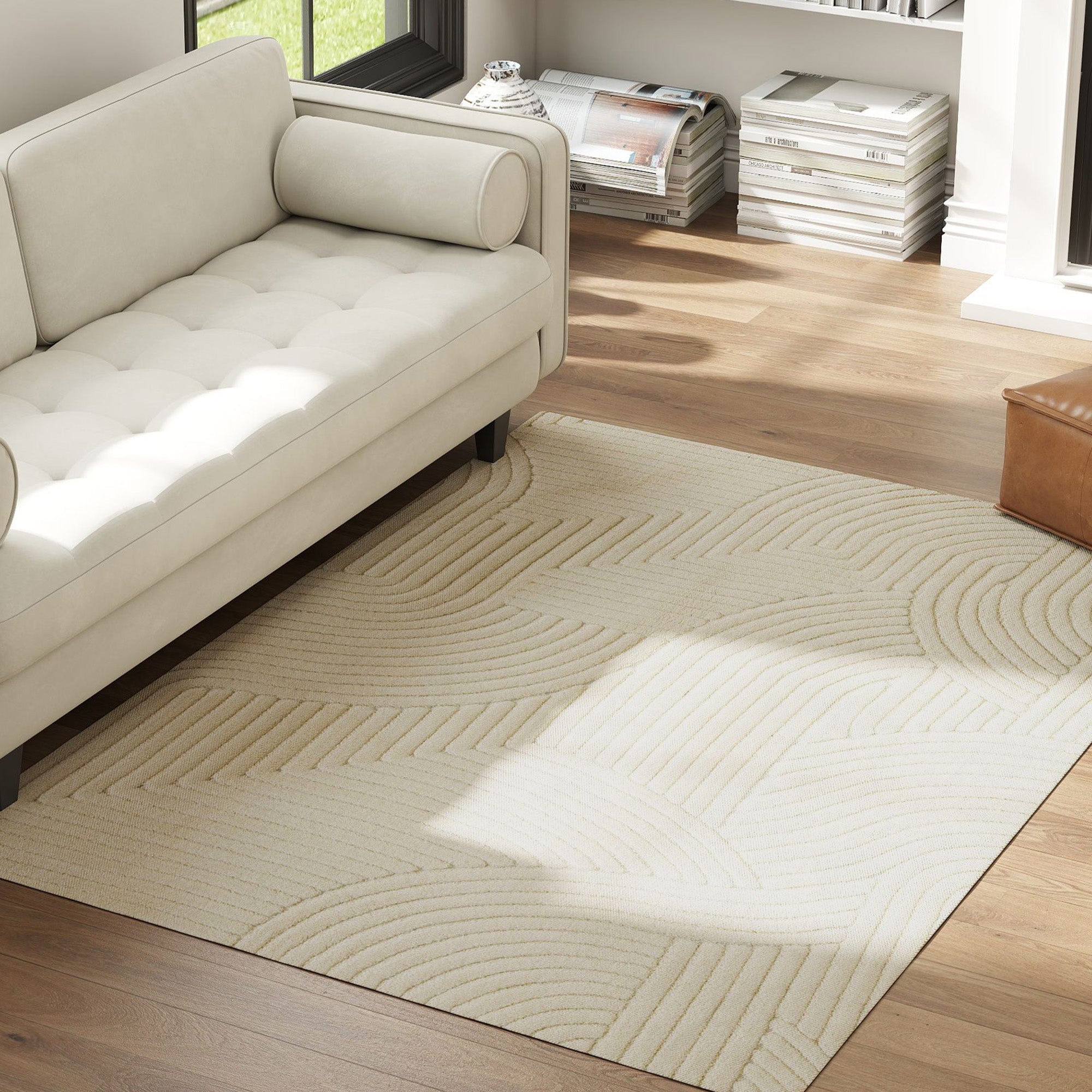 Tapis salon 200 x 140 cm, tapis à poils épais géométrique, moelleux et antidérapant, style moderne, pour salon, chambre à coucher, bureau, crème