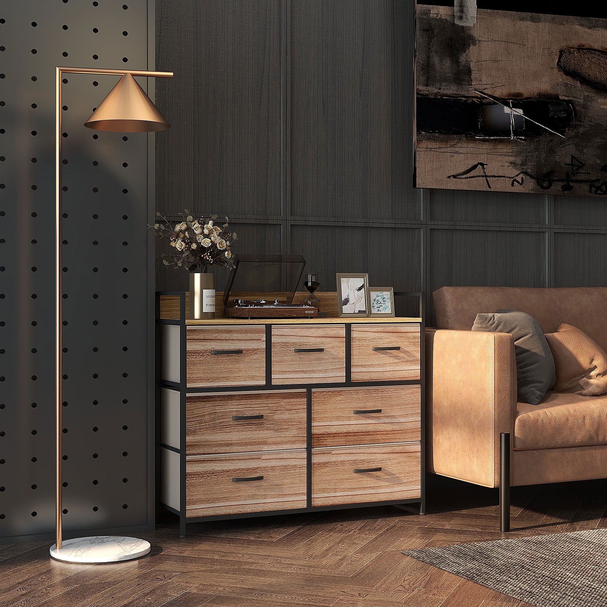 Commode 7 tiroirs meuble de rangement tiroir en tissu pliant - structure acier noir - 98 x 29 x 85 cm, chambre, entrée, salon, noir et naturel