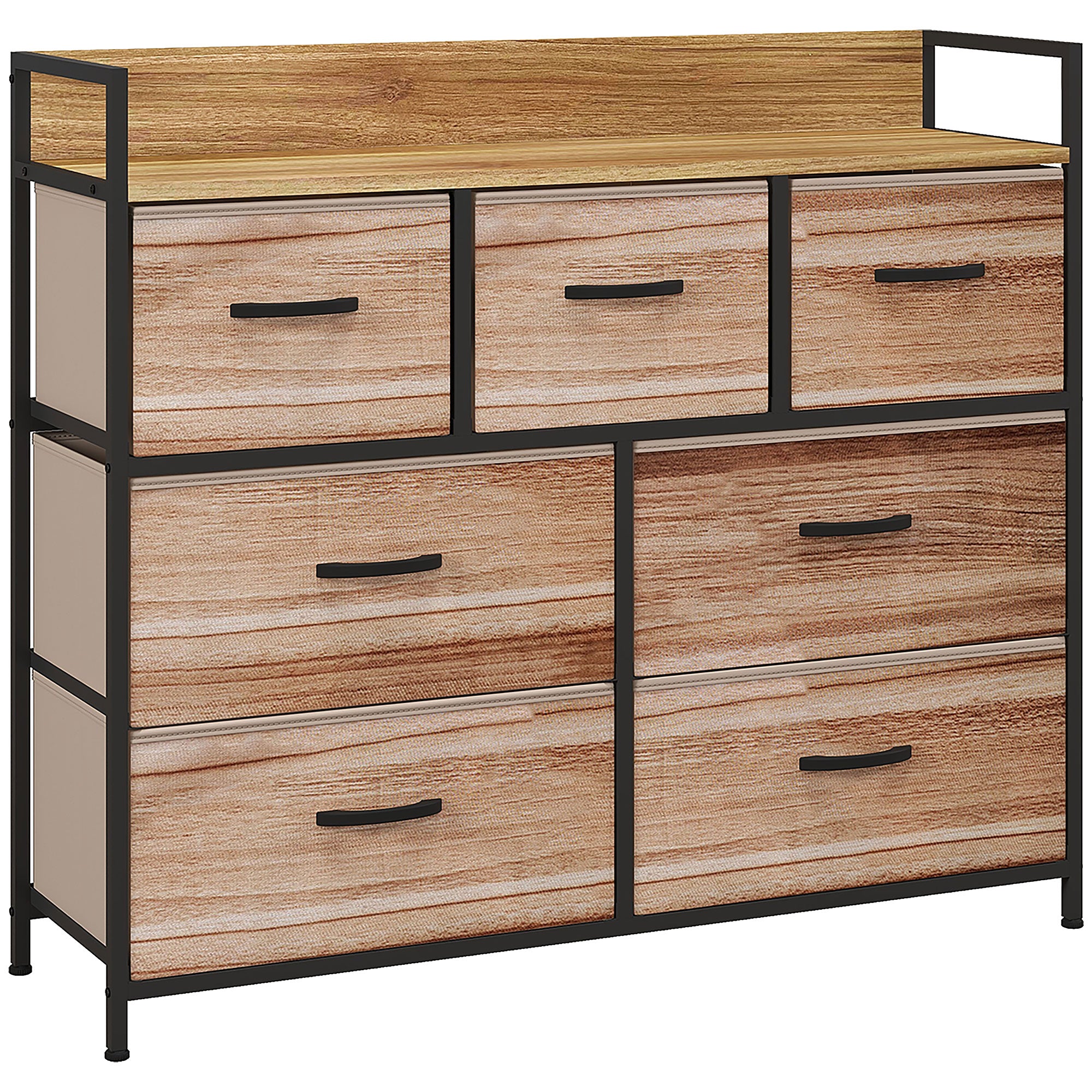 Commode 7 tiroirs meuble de rangement tiroir en tissu pliant - structure acier noir - 98 x 29 x 85 cm, chambre, entrée, salon, noir et naturel