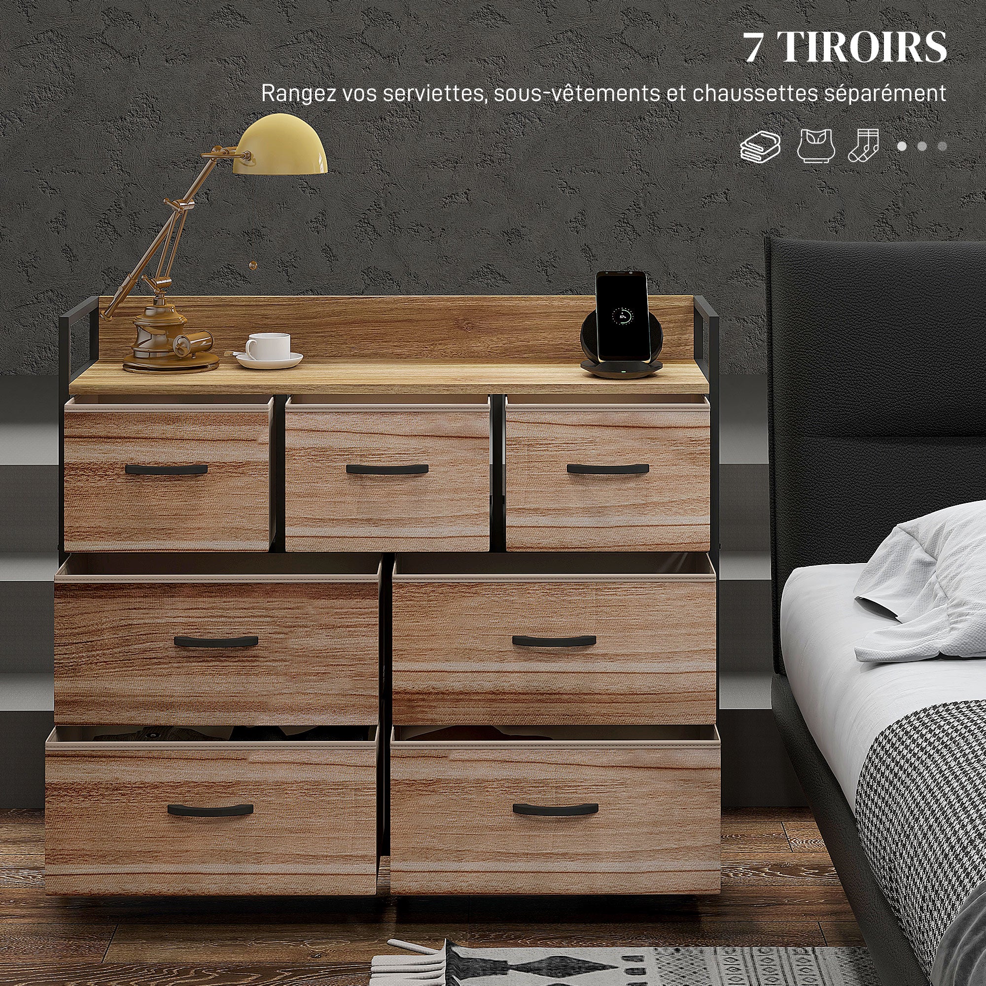 Commode 7 tiroirs meuble de rangement tiroir en tissu pliant - structure acier noir - 98 x 29 x 85 cm, chambre, entrée, salon, noir et naturel