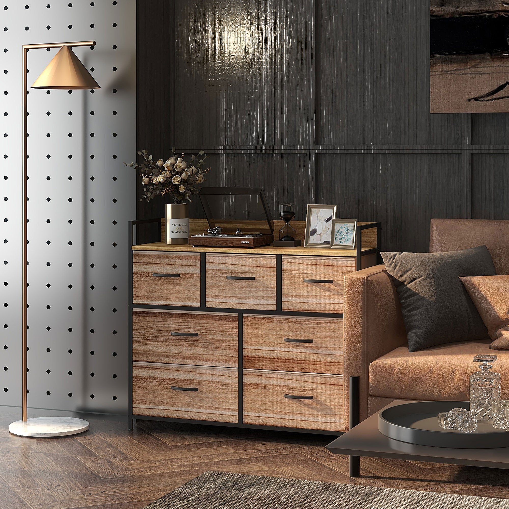 Commode 7 tiroirs meuble de rangement tiroir en tissu pliant - structure acier noir - 98 x 29 x 85 cm, chambre, entrée, salon, noir et naturel