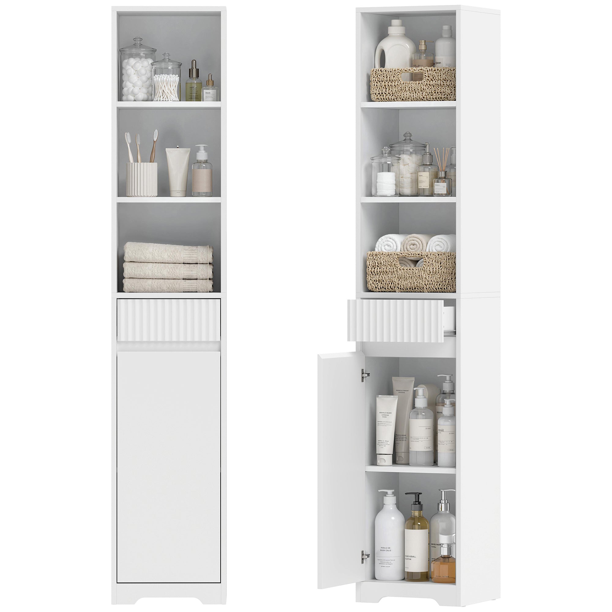 Meuble de salle de bain haut, meuble de rangement, colonne salle de bain avec porte, tiroir, compartiments ouverts, étagère réglable, style moderne, pour salon, chambre, 33x30x172cm, blanc