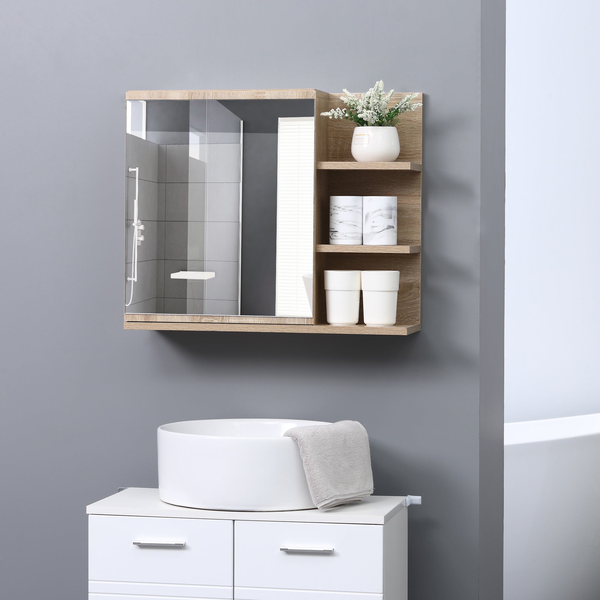 Armoire Miroir de Salle de Bain avec étagère - 3 étagères latérales - kit Installation Murale fourni - Panneaux Particules Aspect chêne Clair