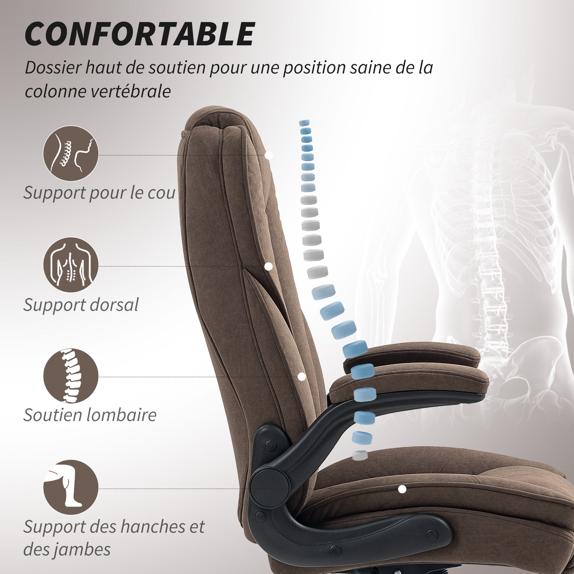 Fauteuil de bureau, chaise bureau ergonomique avec large assise rembourrée, hauteur réglable, accoudoirs relevables, dossier haut, pivotant 360°, tissu en velours, charge 135 Kg, marron