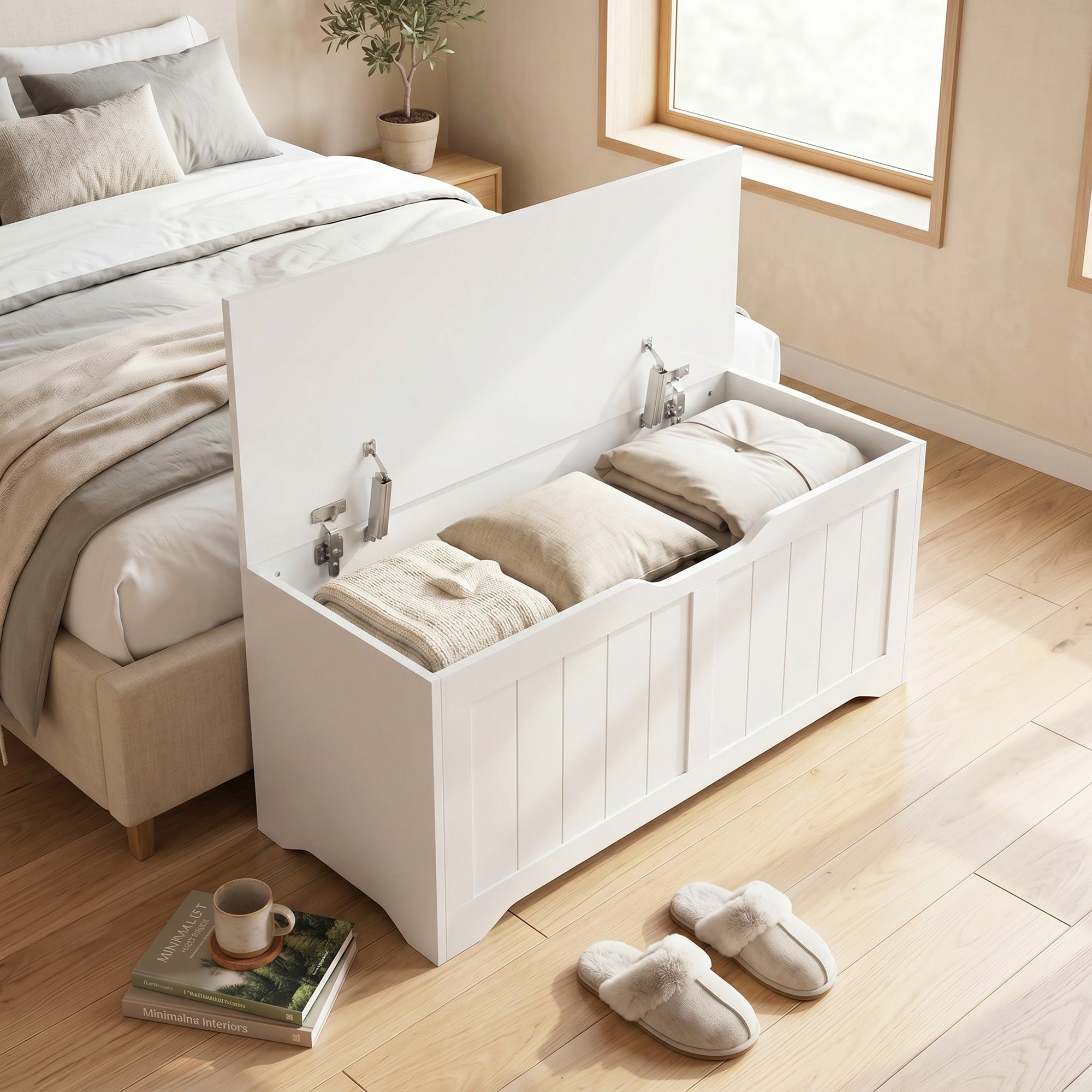 Coffre de Rangement 136 L, Banc Coffre avec 2 Charnières de Sécurité et Design Sans Poignée, Style Moderne, Banc d'Entrée ou Salon, 100 x 40 x 45 cm, Blanc