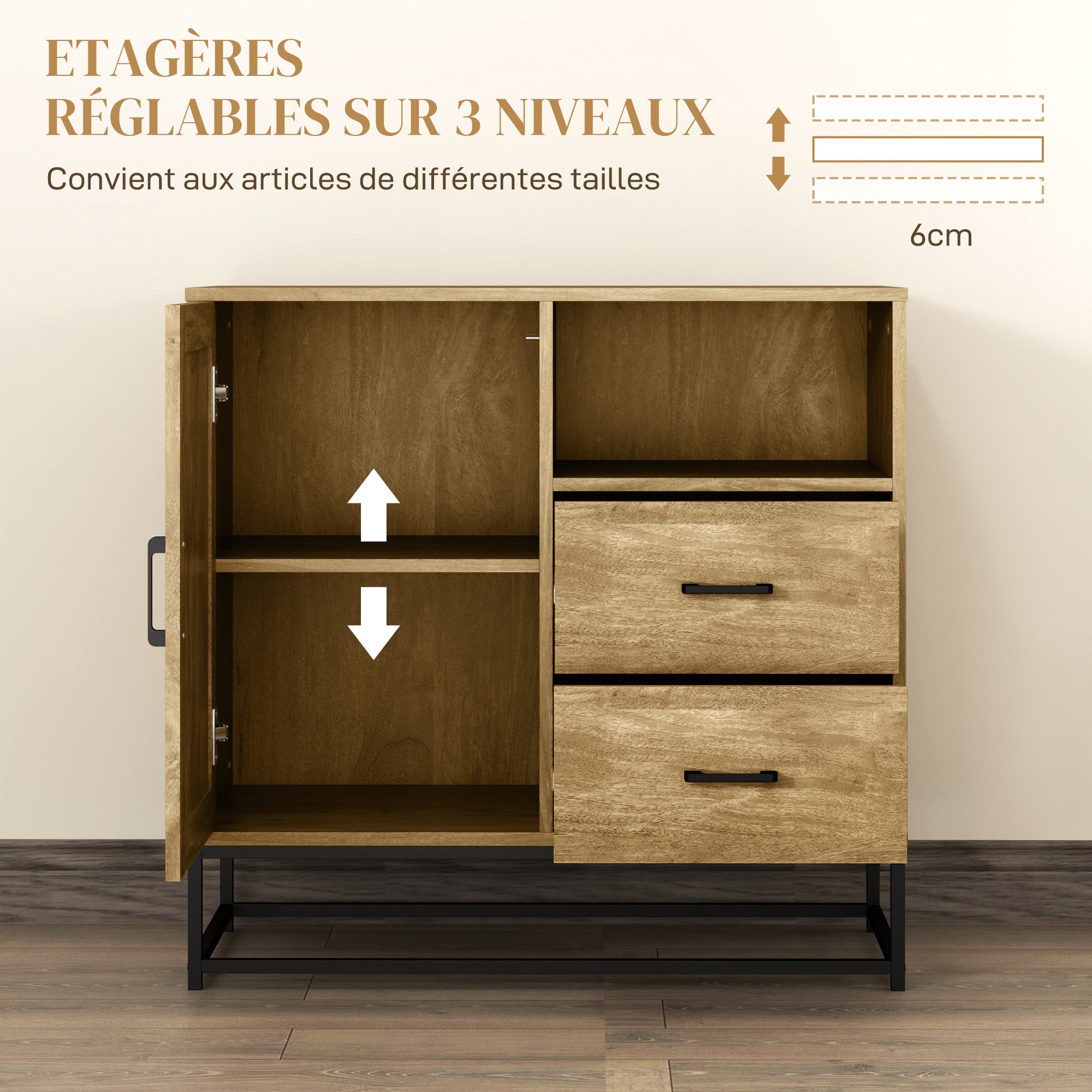 Buffet salon meuble de rangement style moderne avec 2 tiroirs, compartiment ouvert et étagère réglable - buffet salle à manger, cuisine et salon, 80 x 40 x 78 cm, bois naturel
