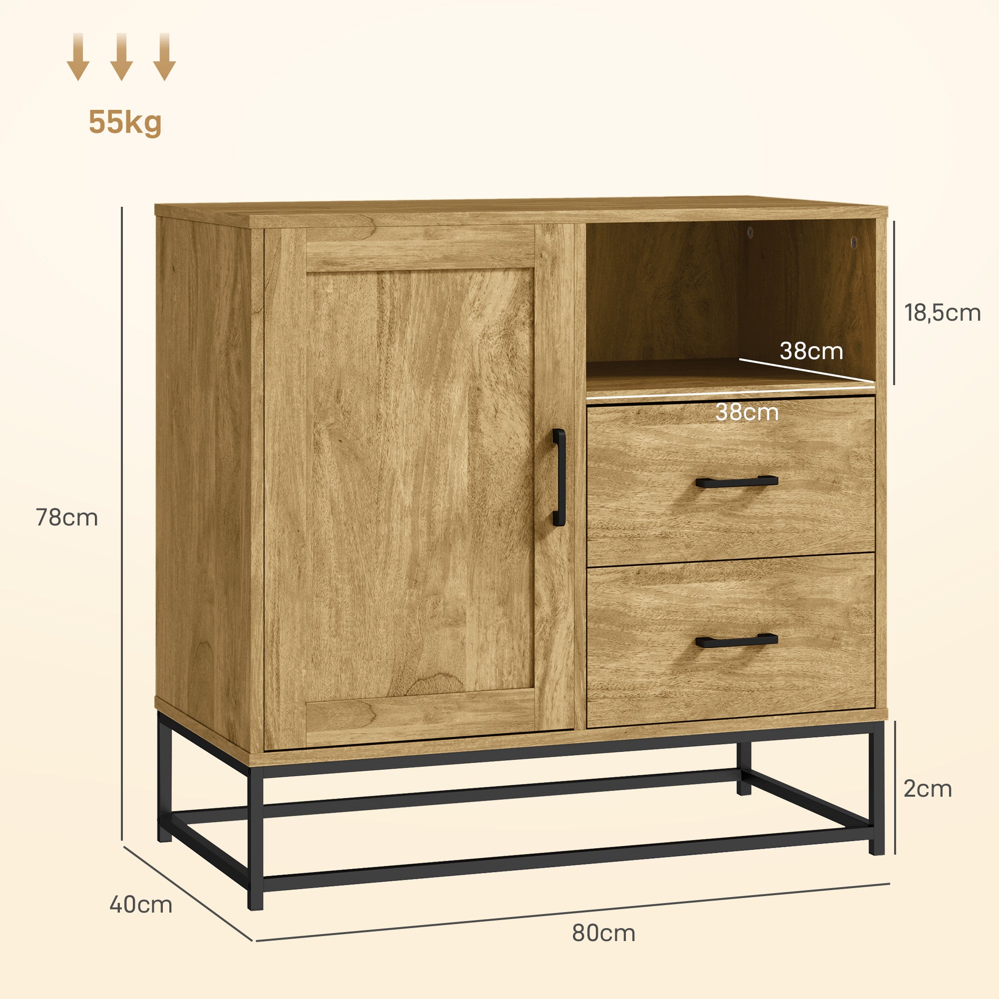 Buffet salon meuble de rangement style moderne avec 2 tiroirs, compartiment ouvert et étagère réglable - buffet salle à manger, cuisine et salon, 80 x 40 x 78 cm, bois naturel