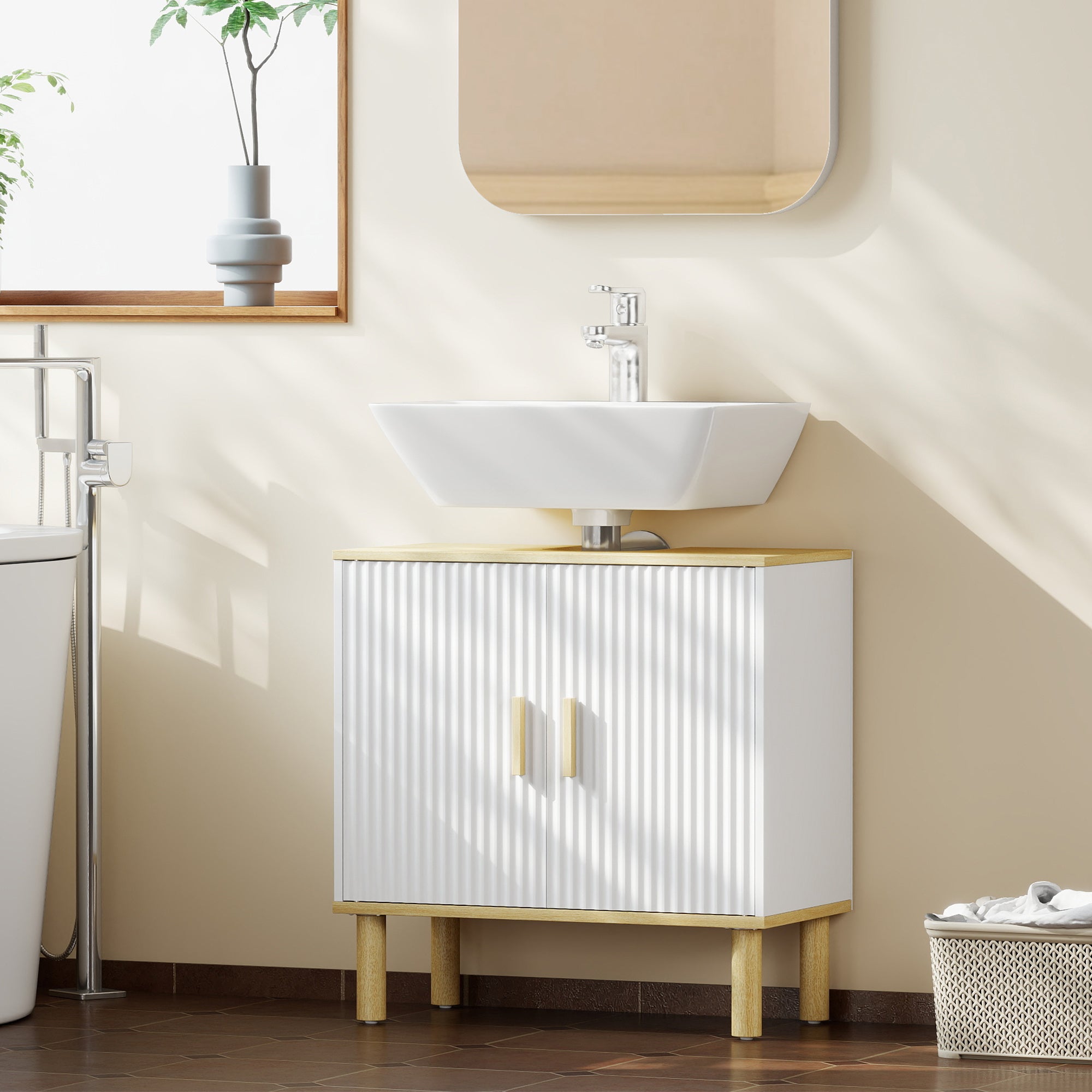 Meuble sous lavabo, meuble de salle de bain avec 2 portes et étagère réglable, armoire de salle de bains sous lavabo, style moderne, 60 x 30 x 61 cm, blanc