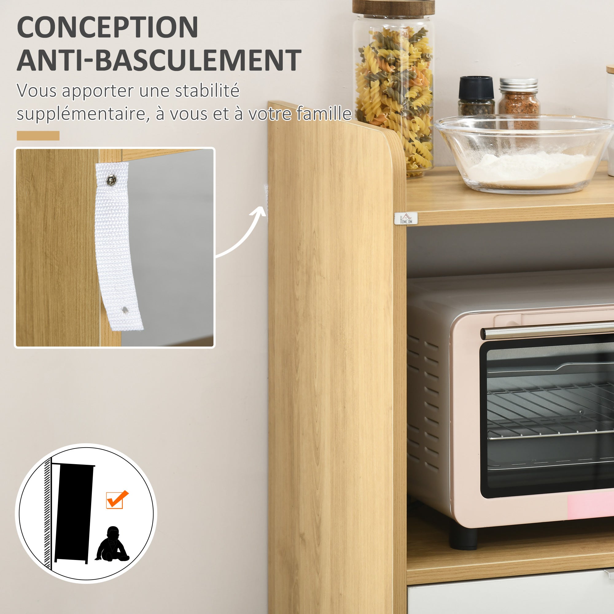 Meuble desserte de cuisine pour micro-ondes style scandinave avec placard, tiroir, étagère réglable - 58 x 40 x 118 cm - naturel et blanc