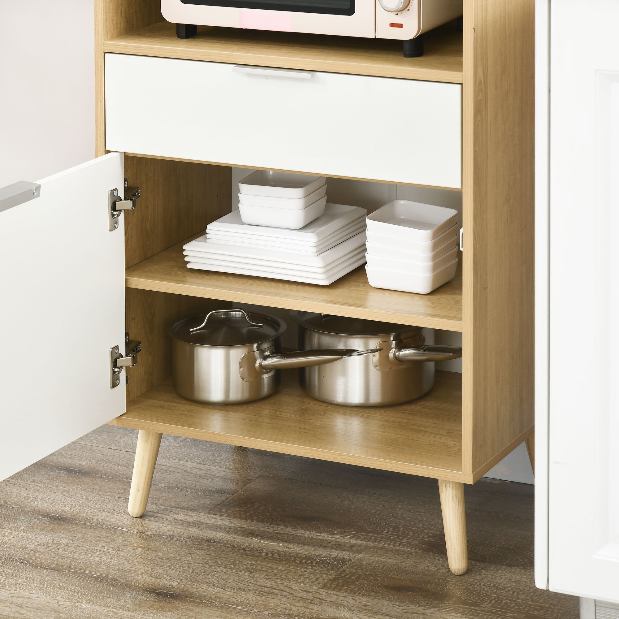 Meuble desserte de cuisine pour micro-ondes style scandinave avec placard, tiroir, étagère réglable - 58 x 40 x 118 cm - naturel et blanc