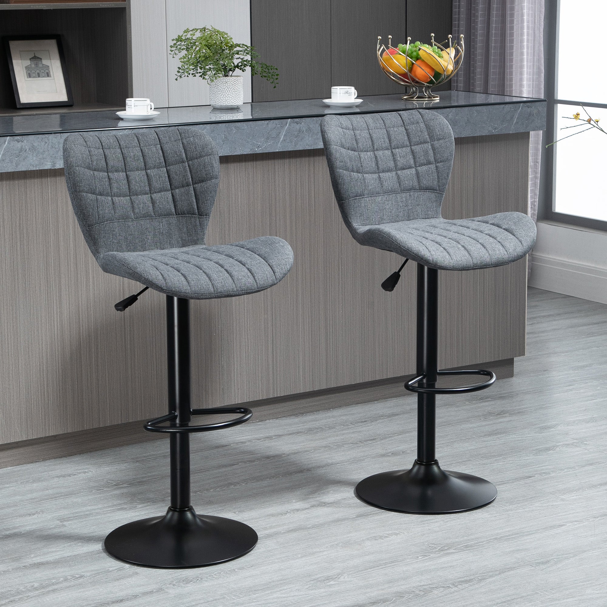 Lot de 2 Tabouret de Bar Design Dossier incurvé capitonné Hauteur d'assise réglable 61-81 cm pivotant 360° Repose-Pied Velours Gris