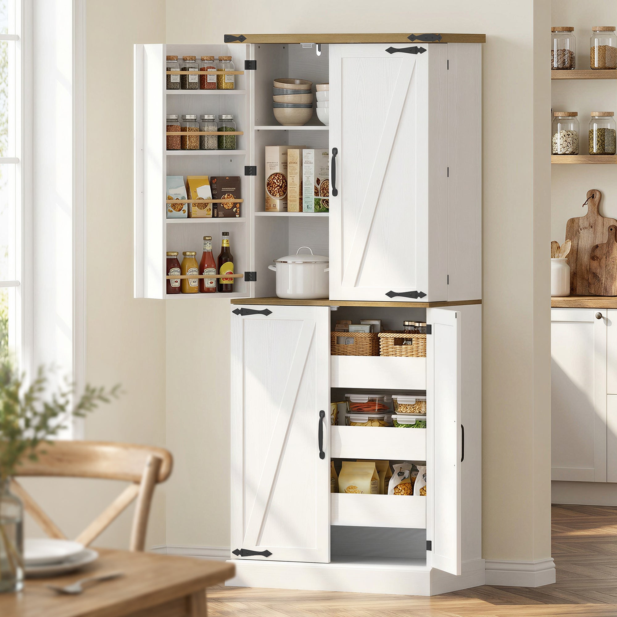 Buffet haut cuisine, armoire de cuisine, vaisselier, 4 portes, 3 tiroirs, 8 porte-racks et étagères réglables, style rustique, meuble de rangement pour salon, salle à manger, 76x40x182cm, blanc