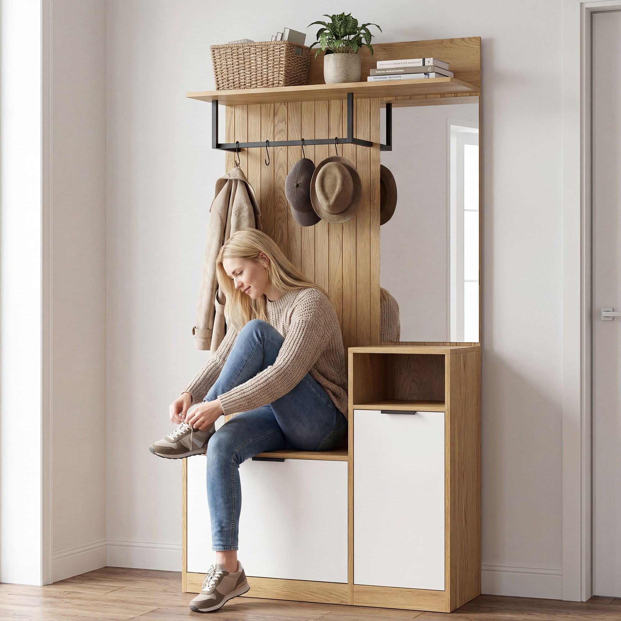 Meuble d'entrée 6 en 1, vestiaire d'entrée avec banc à chaussures rabattable, miroir, étagères, placard et patère, style moderne, porte-manteau pour couloir, chambre, salon, 80x37x168cm, chêne