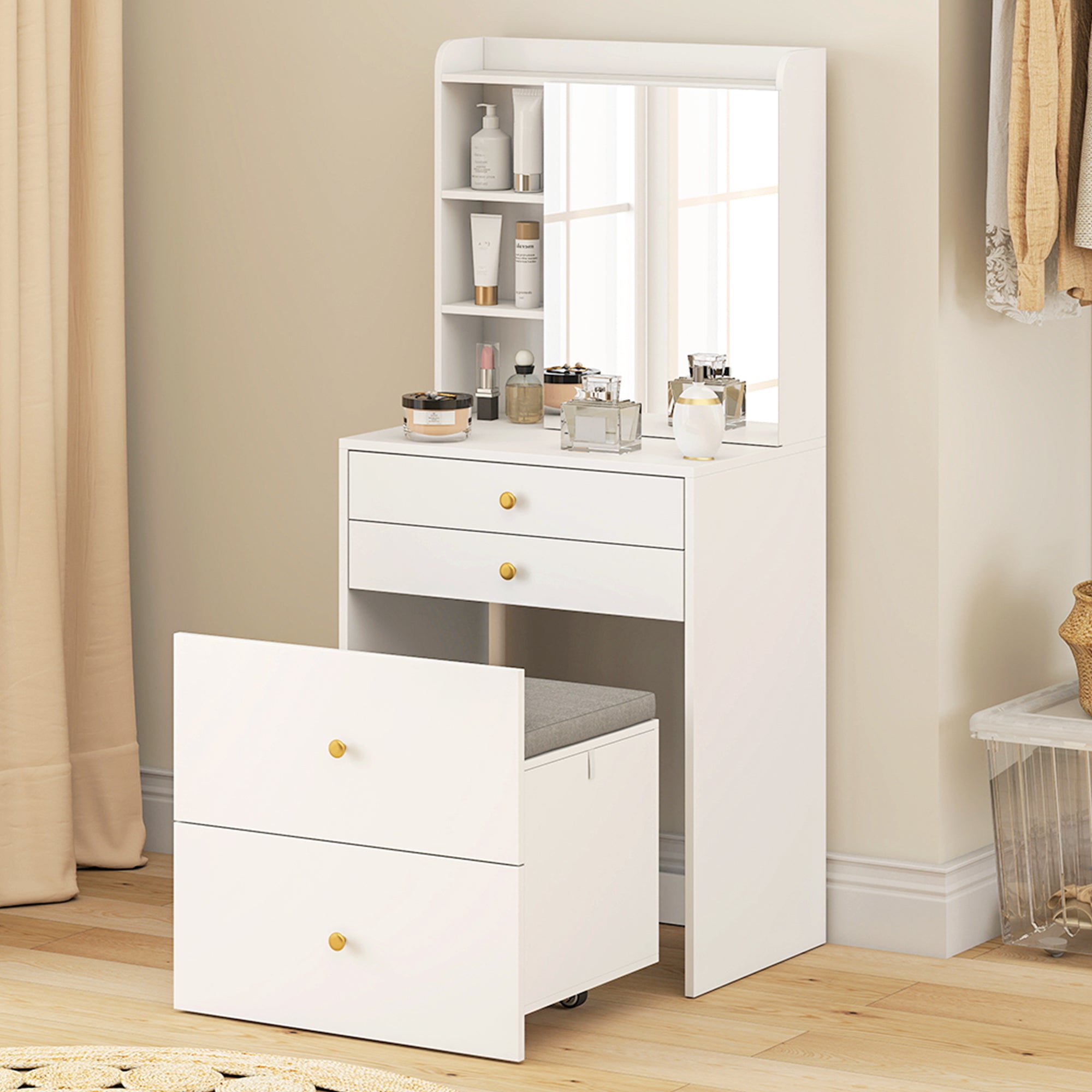 Coiffeuse avec miroir et tabouret de rangement mobile, table de maquillage compacte, tiroirs, placard, compartiments ouverts, étagère réglable, siège rembourré, pour chambre à coucher, blanc
