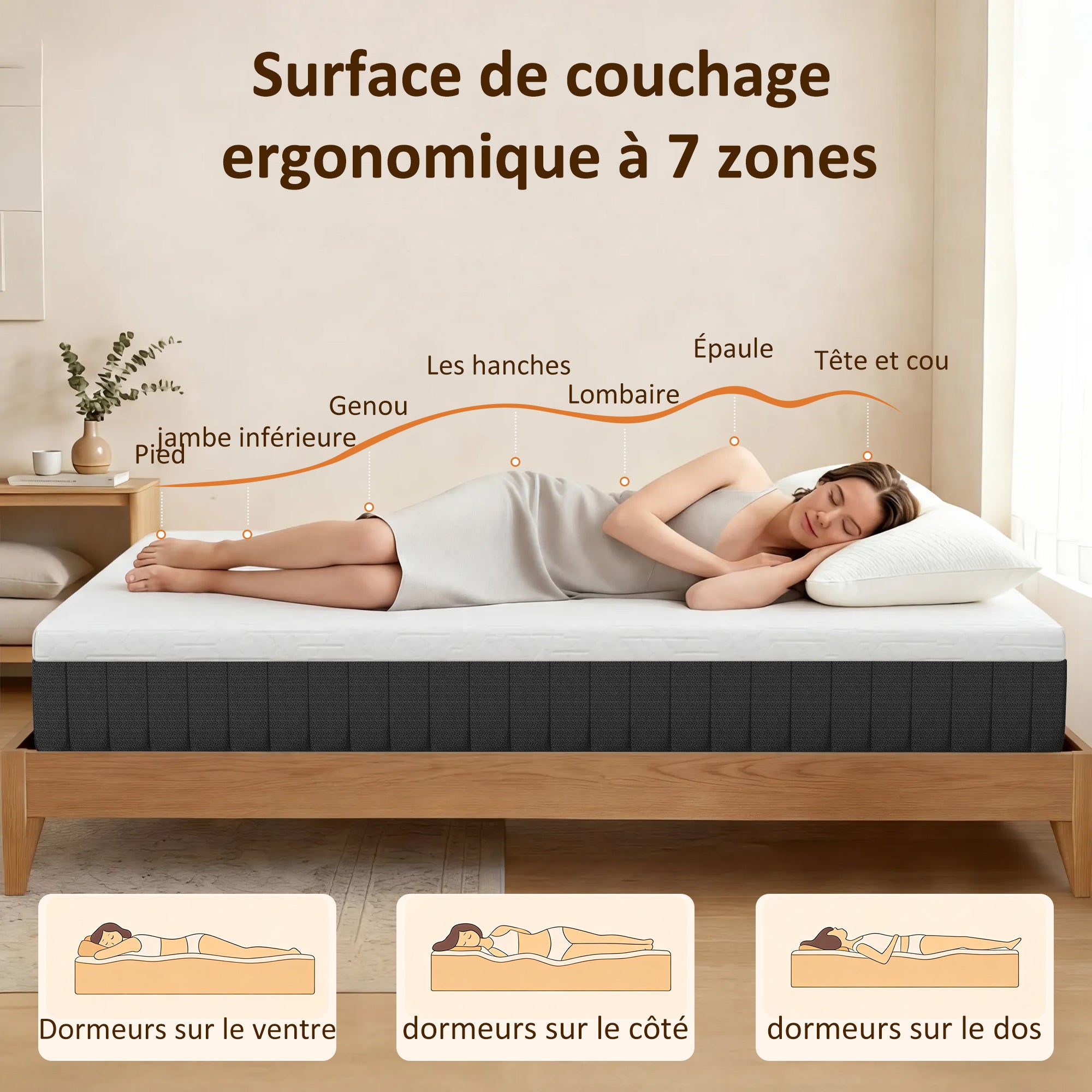 Matelas 140x190cm, Matelas 2 Personnes à Ressorts Ensachés, Mousse à Mémoire de Forme, 25cm d'Épaisseur, Soutien en 7 Zones, Housse Amovible Lavable, Certifié Oeko-Tex, Fermeté Moyenne