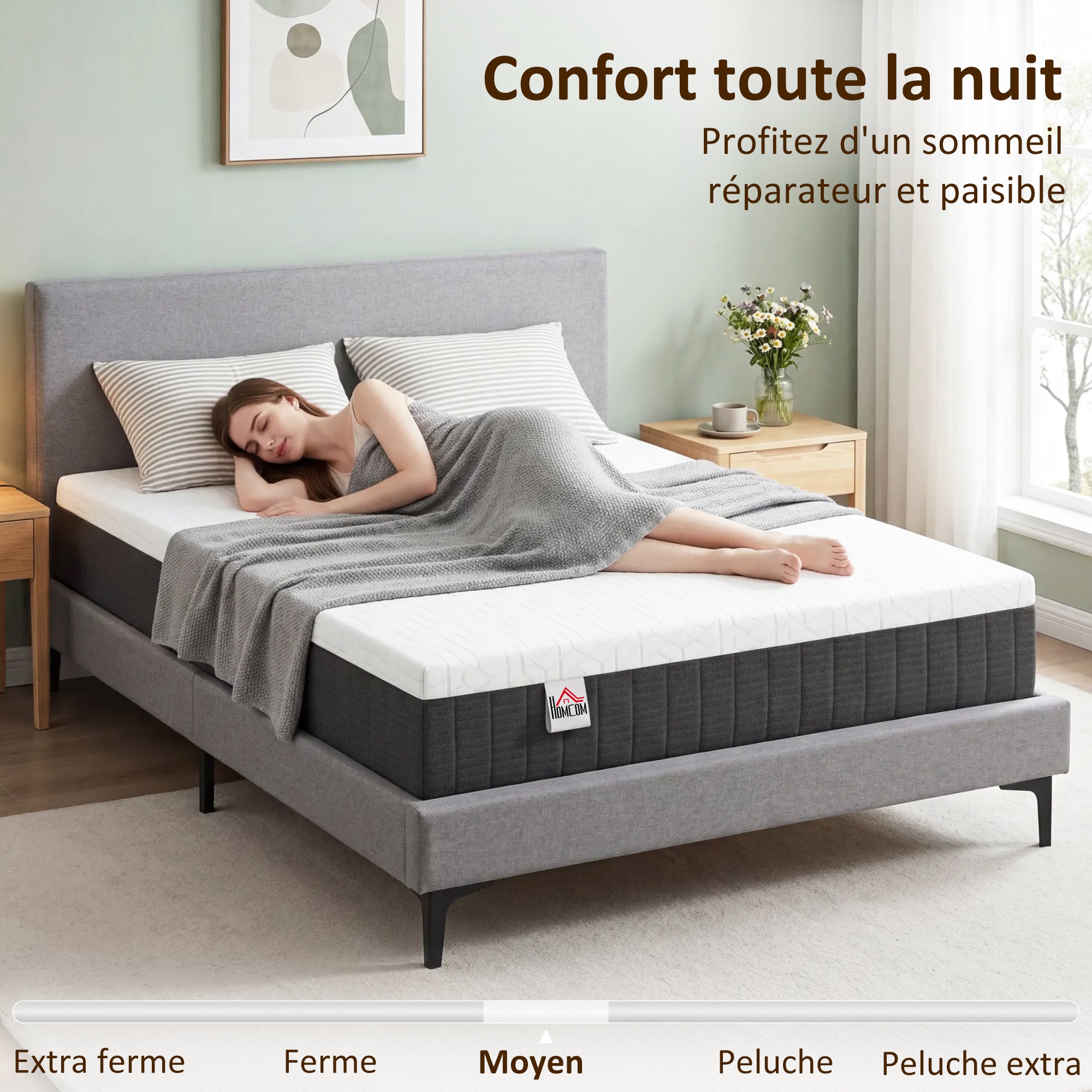 Matelas 140x190cm, Matelas 2 Personnes à Ressorts Ensachés, Mousse à Mémoire de Forme, 25cm d'Épaisseur, Soutien en 7 Zones, Housse Amovible Lavable, Certifié Oeko-Tex, Fermeté Moyenne
