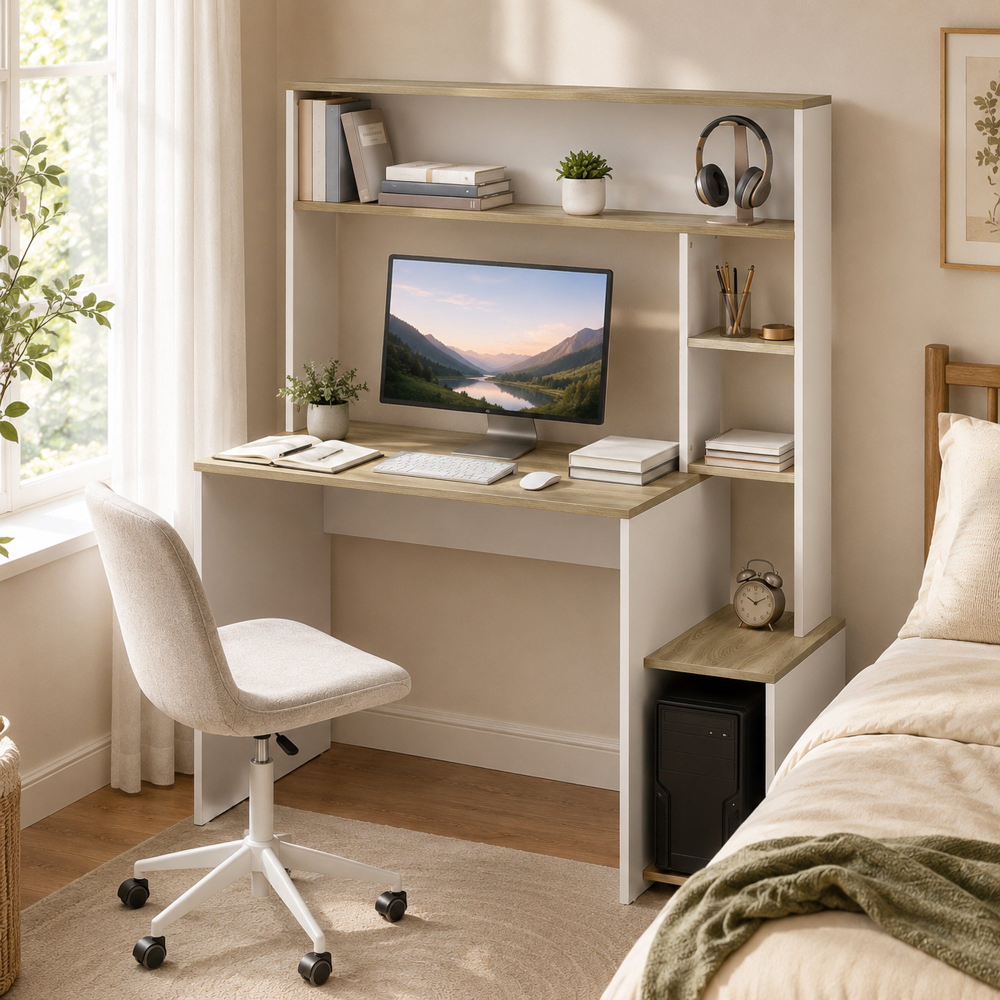 Bureau Informatique, 114x45x138cm, Bureau avec Rangement, Étagères Ouvertes, Large Plateau et Support UC, Table d'Ordinateur Moderne pour Chambre, Domicile, Petit Espace, Blanc et Bois Naturel