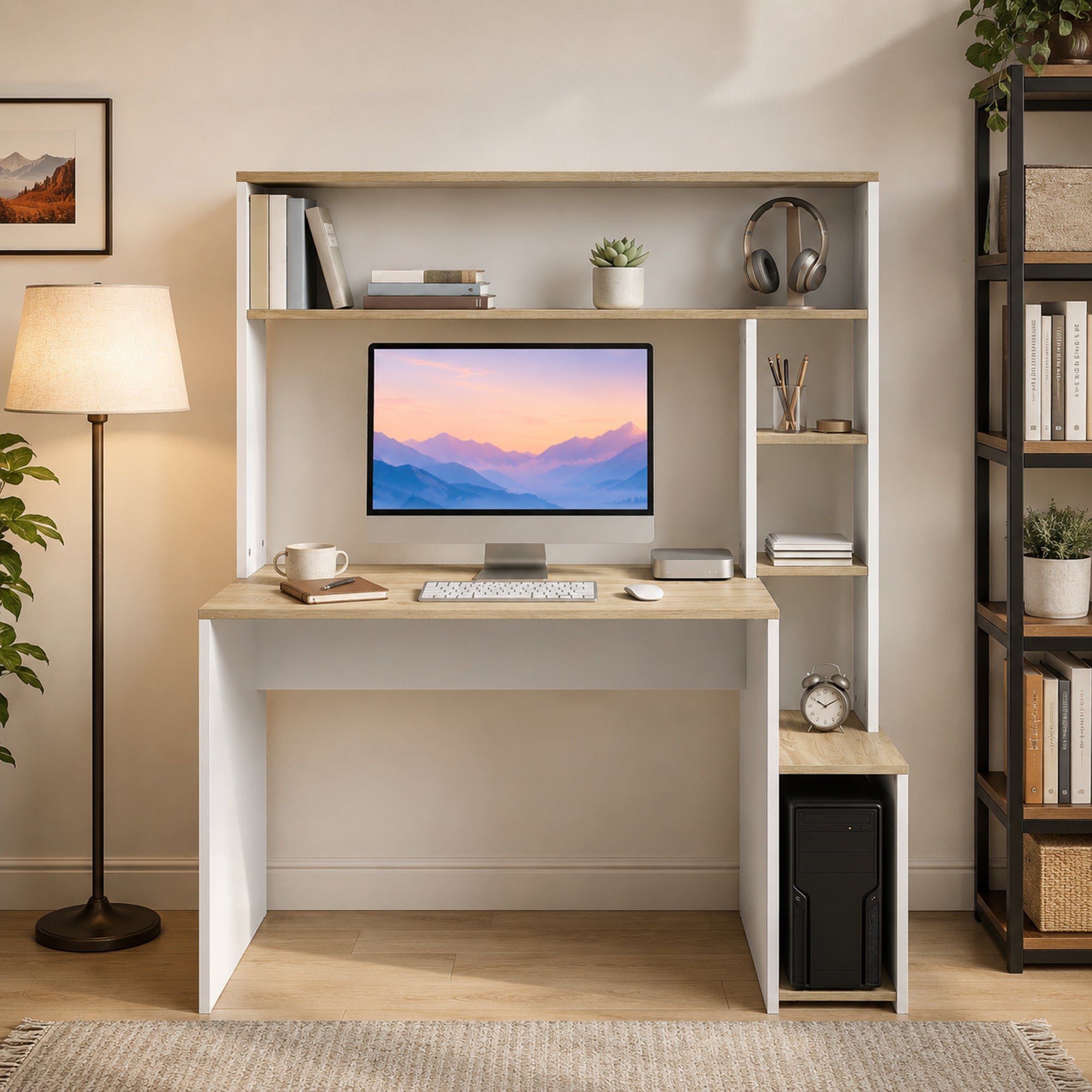 Bureau Informatique, 114x45x138cm, Bureau avec Rangement, Étagères Ouvertes, Large Plateau et Support UC, Table d'Ordinateur Moderne pour Chambre, Domicile, Petit Espace, Blanc et Bois Naturel