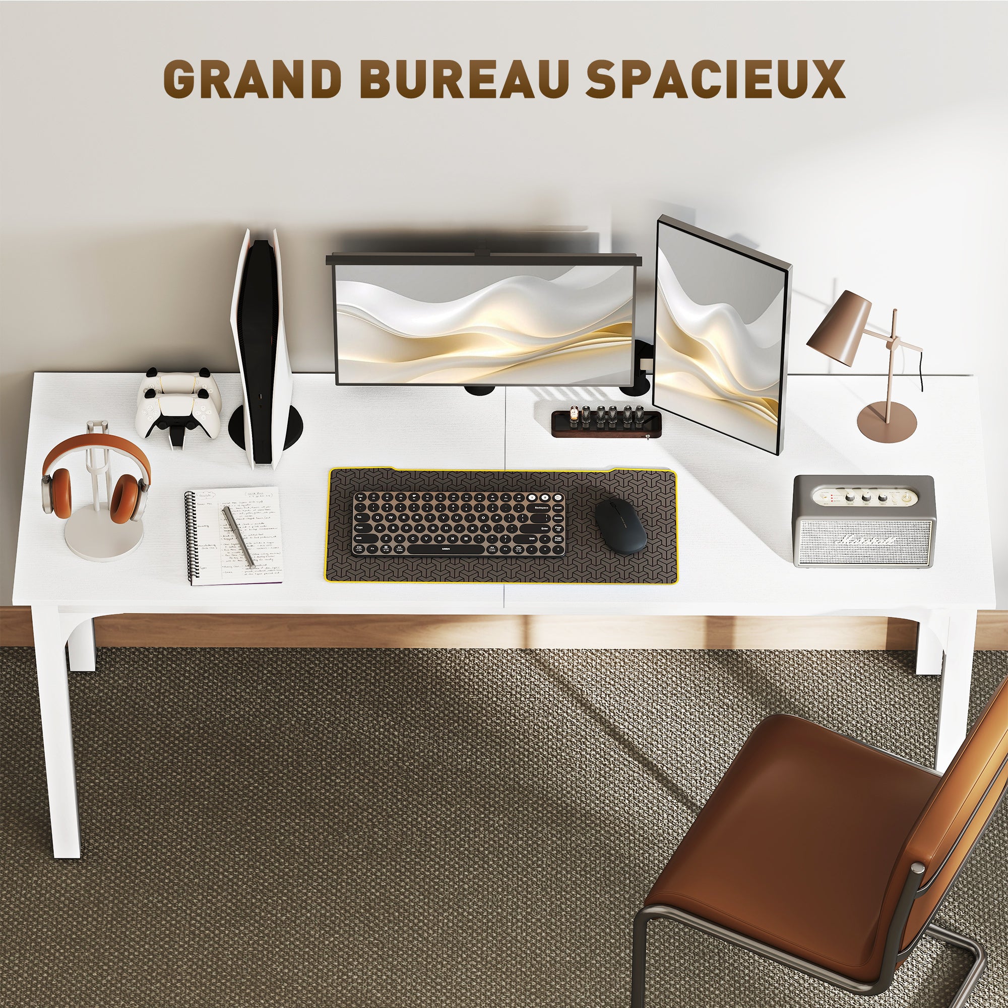 Bureau, bureau d'ordinateur 180 cm avec large plateau pour 2 personnes, cadre en acier, table d'ordinateur pour travail à domicile ou étude, blanc
