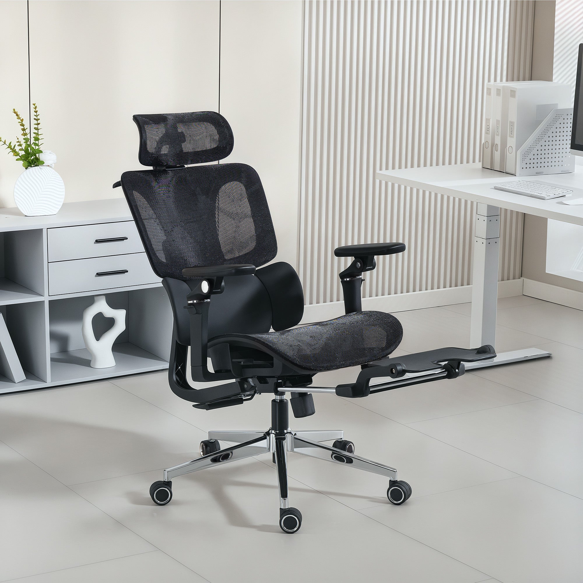Chaise Bureau Ergonomique avec Accoudoirs 6D, Appui-Tête et Profondeur d'Assise Réglables, Fauteuil de Bureau en Maille Inclinable, Hauteur Réglable, Soutien Lombaire, Repose-Pieds, Noir