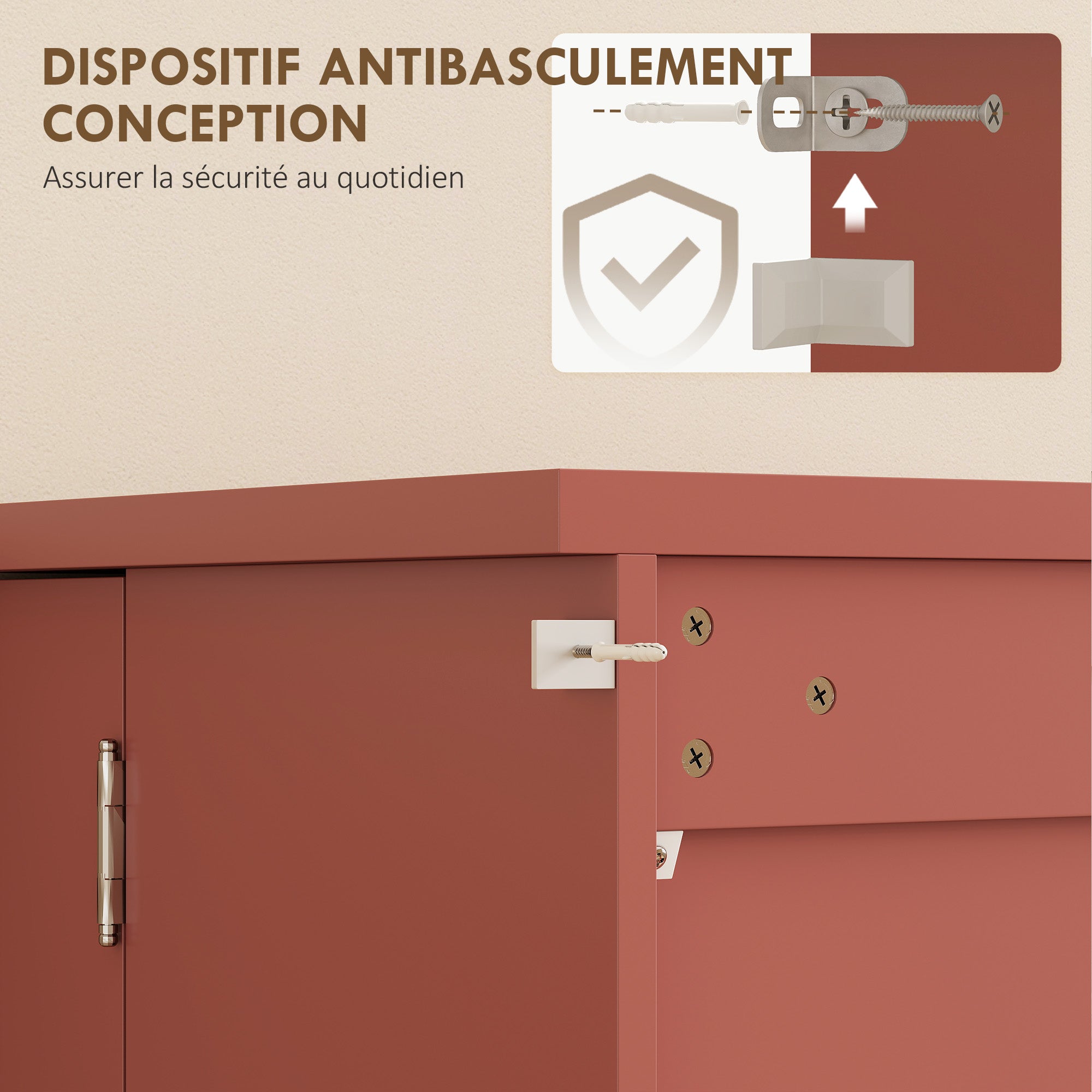 Buffet cuisine, armoire de cuisine, vaisselier, 5 niveaux, avec portes et étagères réglables, 60 x 40 x 120 cm, grain de bois, rouge