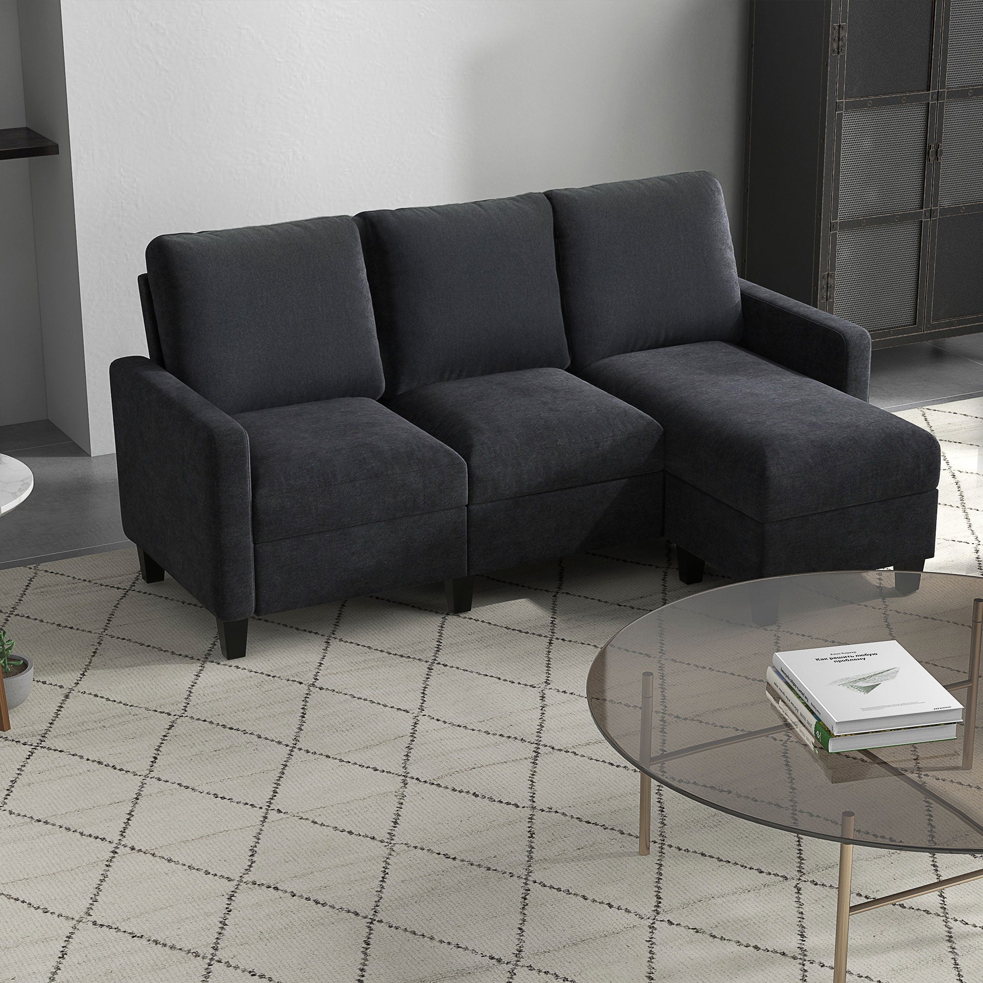 Canapé d'angle canapé 3 places avec méridienne réversible gauche ou droite pour salon, bureau, appartement, tissu polyester 197L x 139l x 91H cm gris foncé