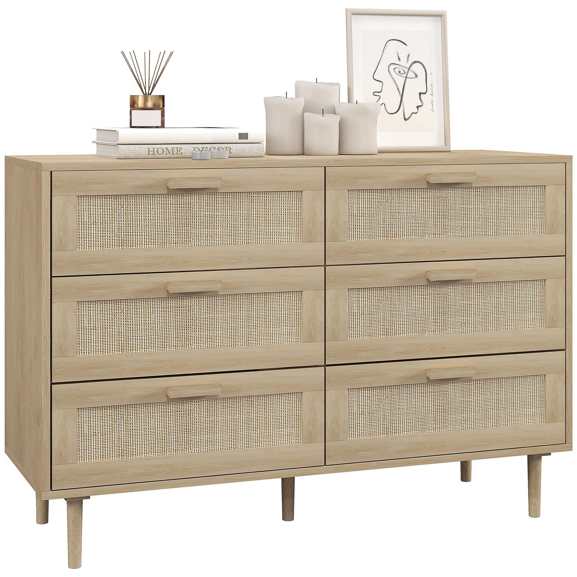 Commode 6 tiroirs meuble de rangement avec tissage en rotin dim. 110L x 40l x 75H cm Aspect Bois Clair