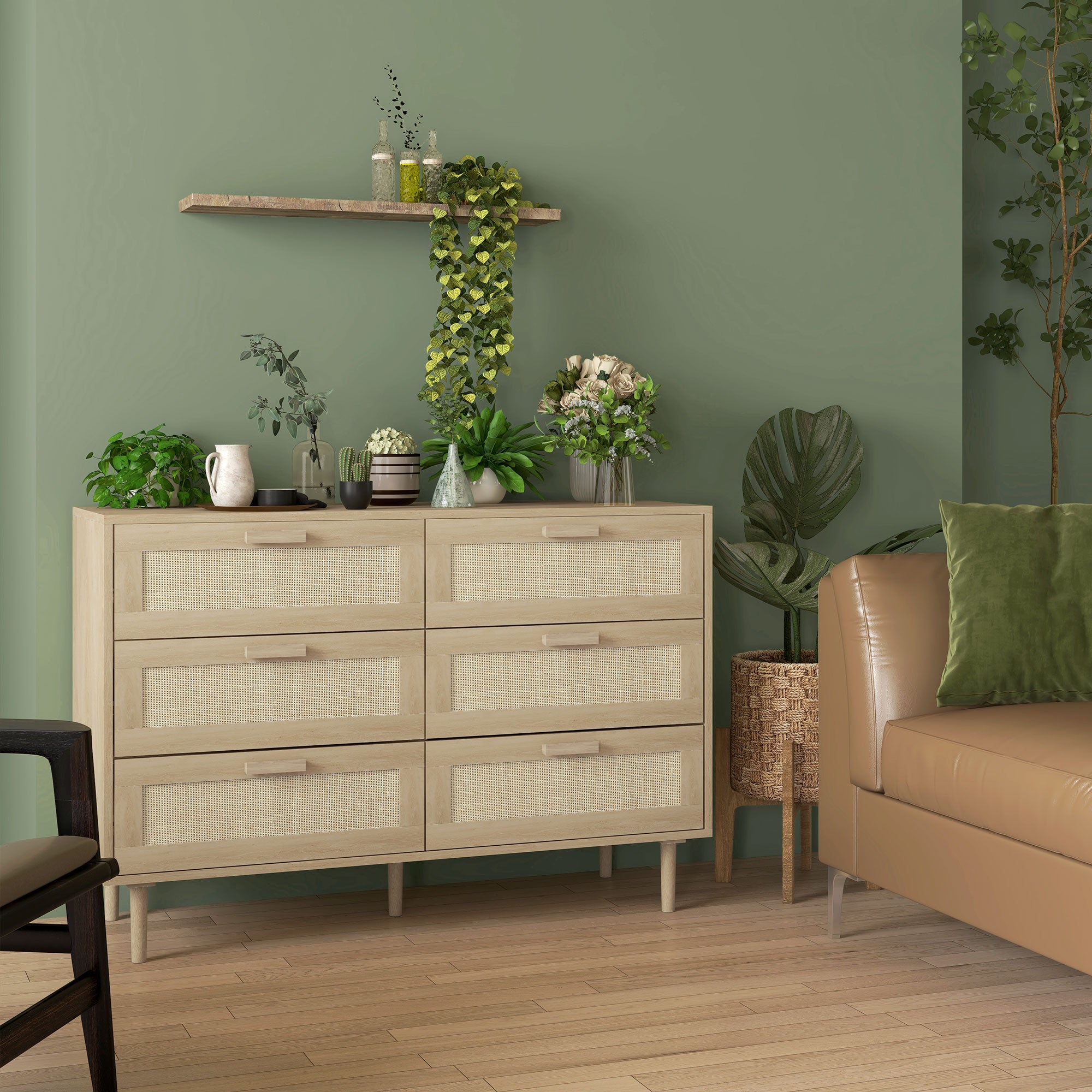 Commode 6 tiroirs meuble de rangement avec tissage en rotin dim. 110L x 40l x 75H cm Aspect Bois Clair