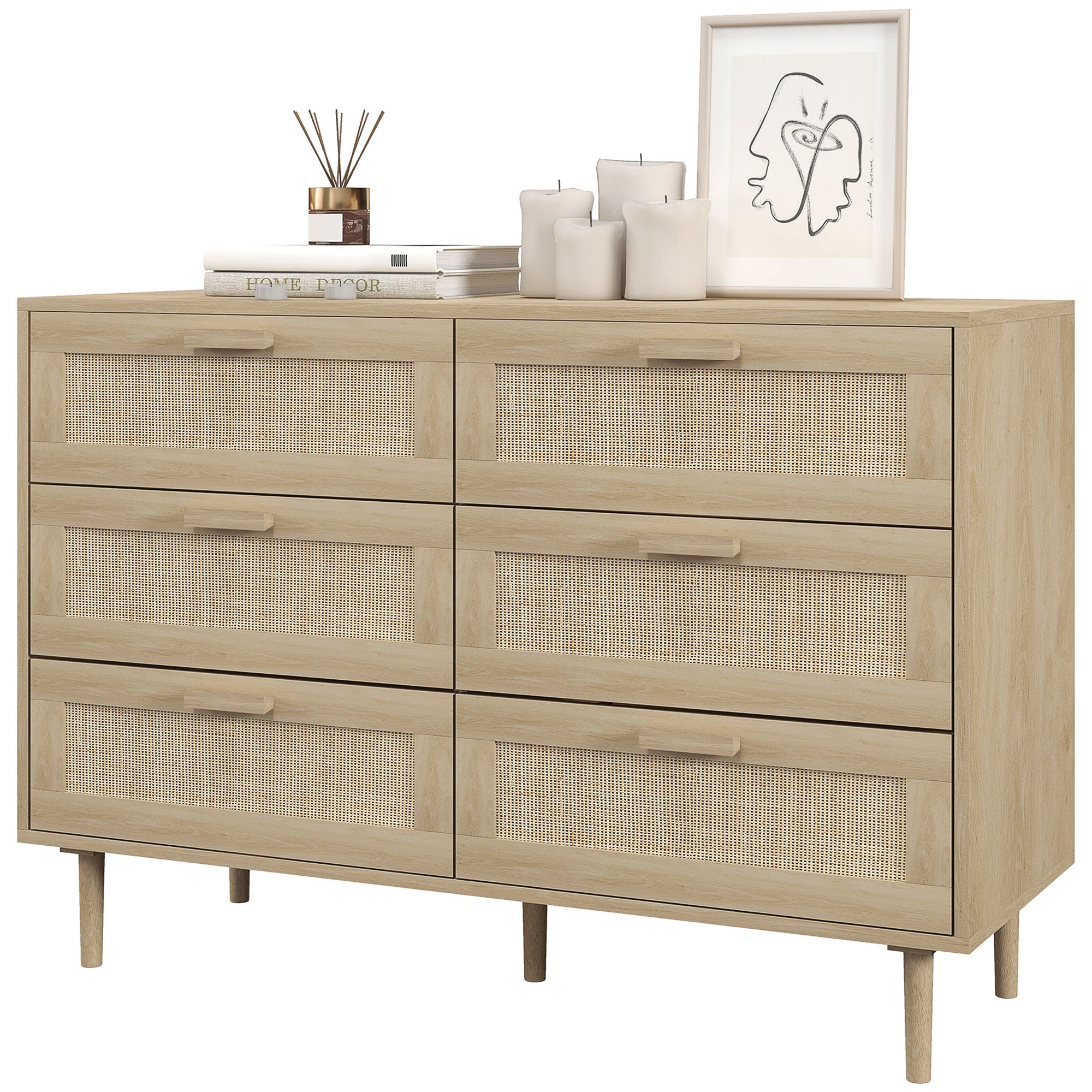 Commode 6 tiroirs meuble de rangement avec tissage en rotin dim. 110L x 40l x 75H cm Aspect Bois Clair