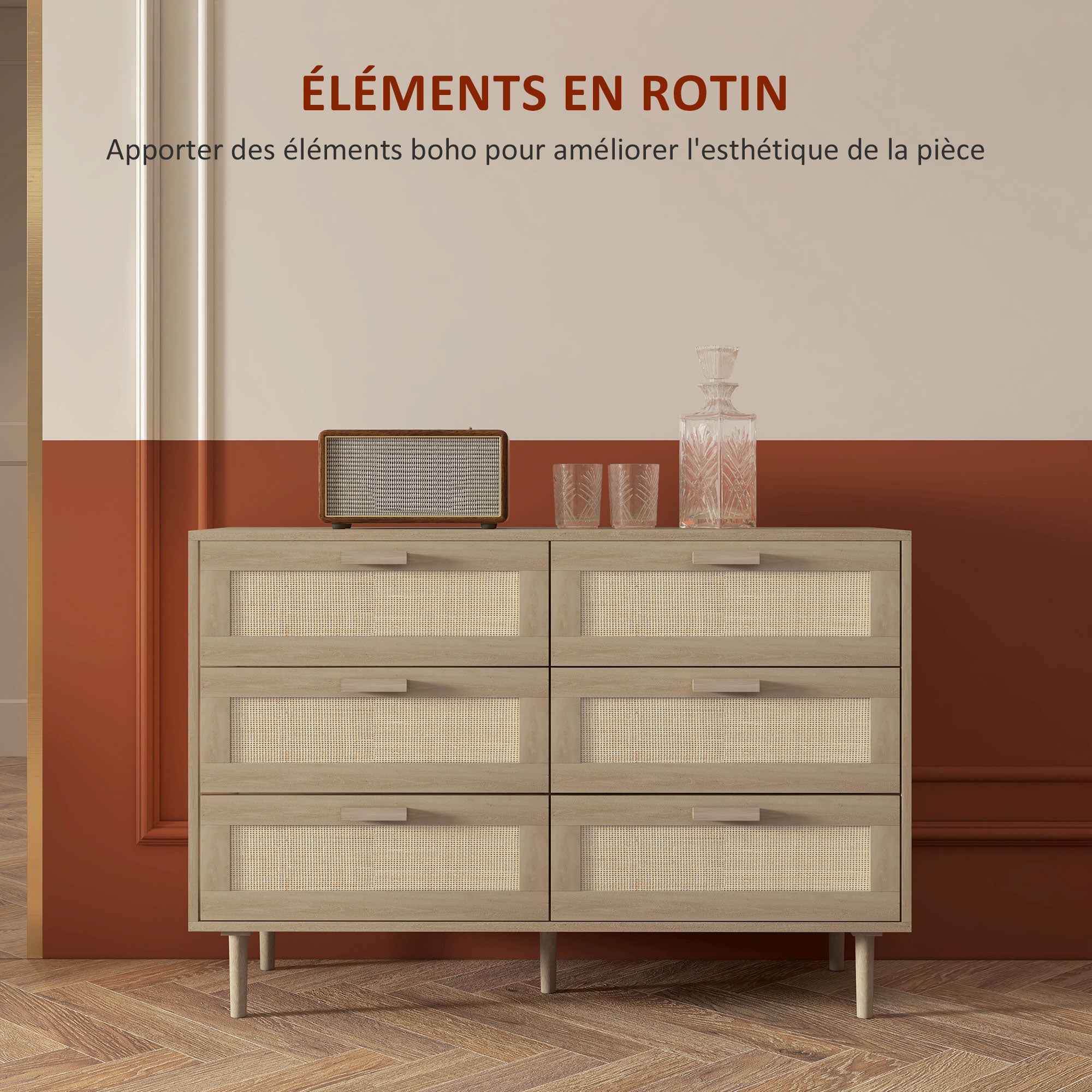 Commode 6 tiroirs meuble de rangement avec tissage en rotin dim. 110L x 40l x 75H cm Aspect Bois Clair