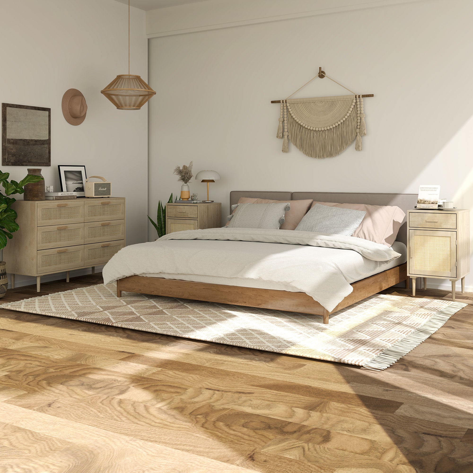 Commode 6 tiroirs meuble de rangement avec tissage en rotin dim. 110L x 40l x 75H cm Aspect Bois Clair