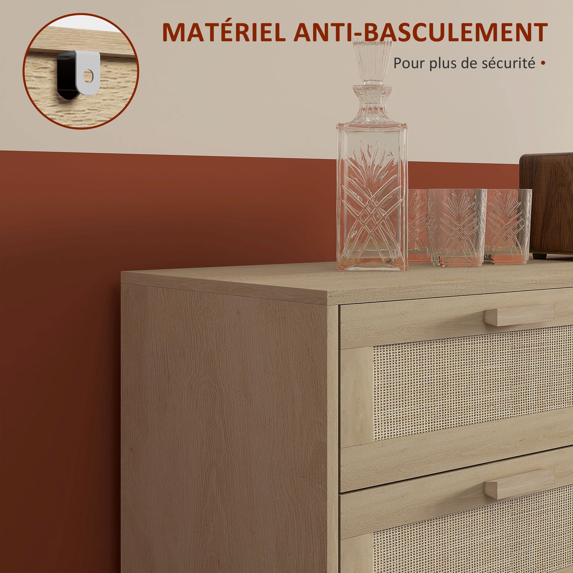 Commode 6 tiroirs meuble de rangement avec tissage en rotin dim. 110L x 40l x 75H cm Aspect Bois Clair