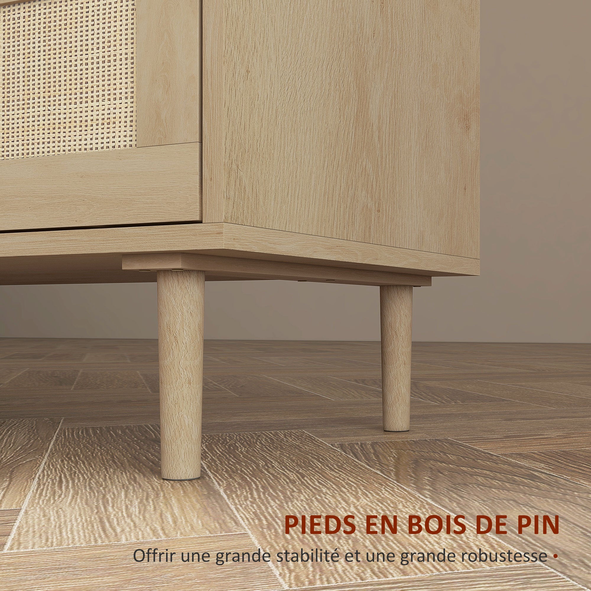 Commode 6 tiroirs meuble de rangement avec tissage en rotin dim. 110L x 40l x 75H cm Aspect Bois Clair