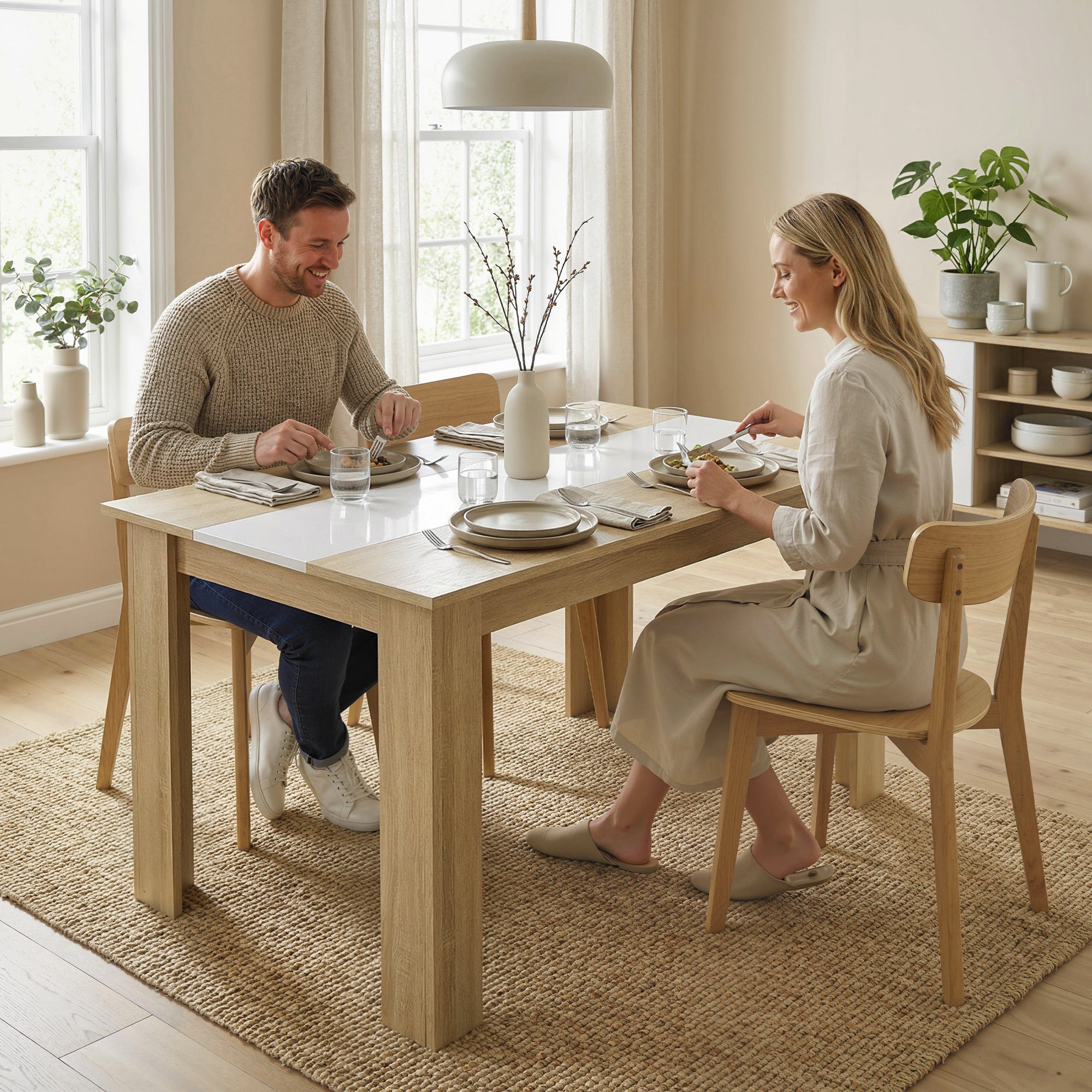 Table à manger rectangulaire pour 4 à 6 personnes, table de cuisine, 120 x 69 x 75 cm, style moderne, pieds triangulaires plus stable, chêne et blanc